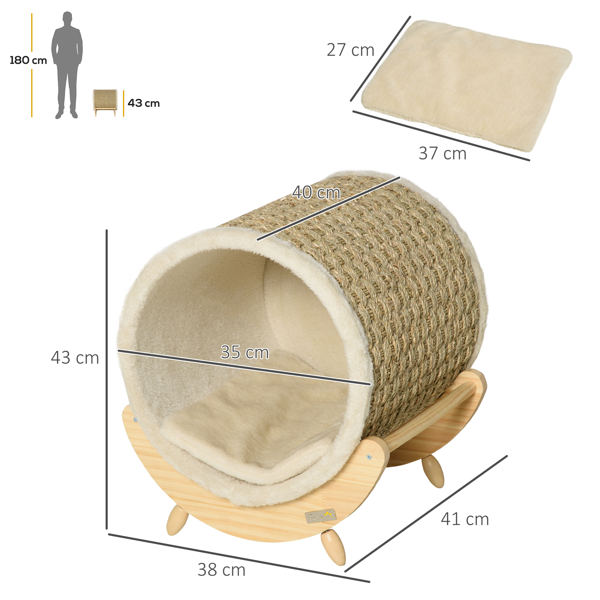 Katzenhöhle mit Kratzfläche inkl, Kissen, Kratztonne, 41 cm x 38 cm x 43 cm, Natur + Beige
