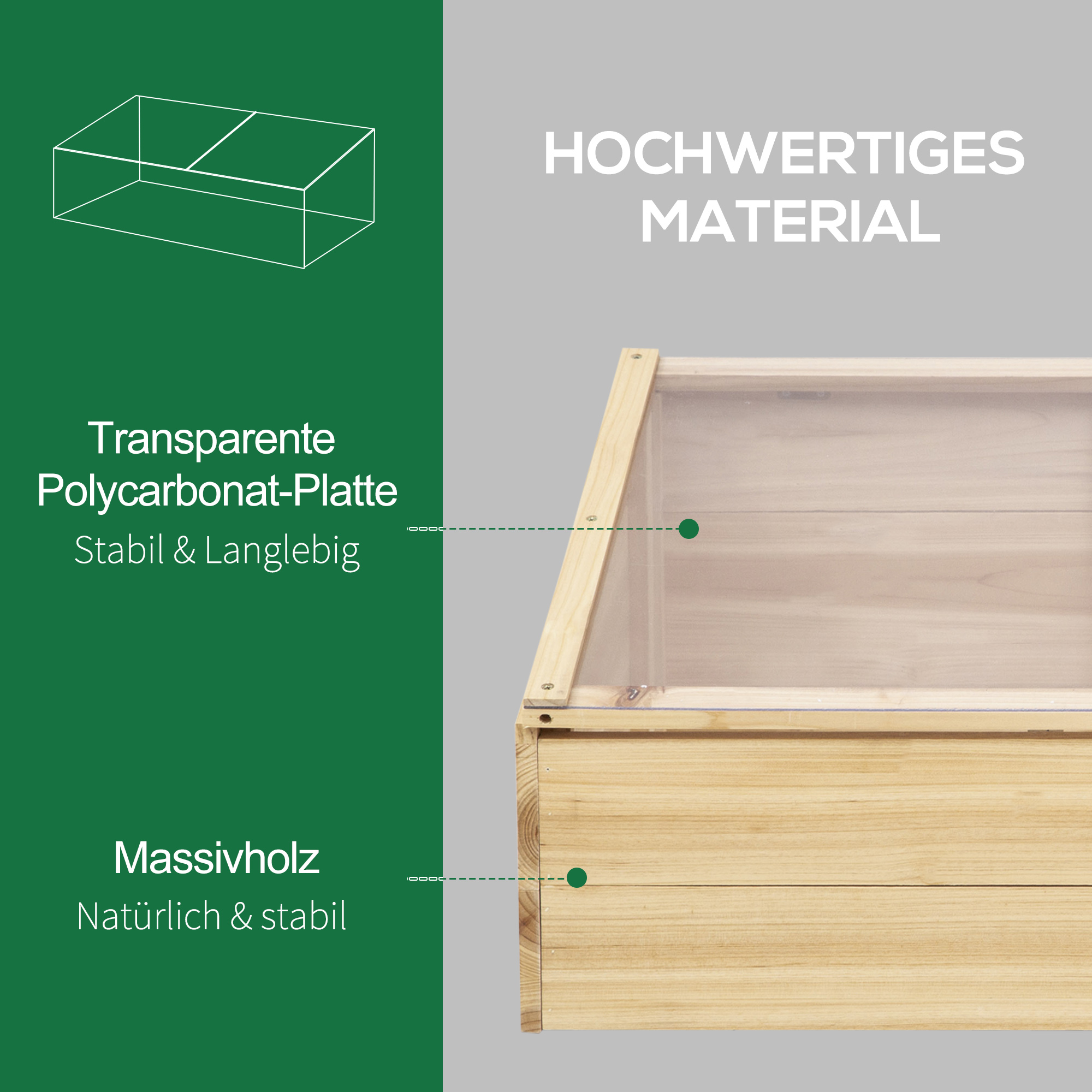 Gewächshaus Holz Frühbeet Frühbeetkasten Treibhaus Garten & Pflanzkasten-System für Garten Balkon, 100 x 50 x 35 cm, Natur, Tanne, PC-Platte