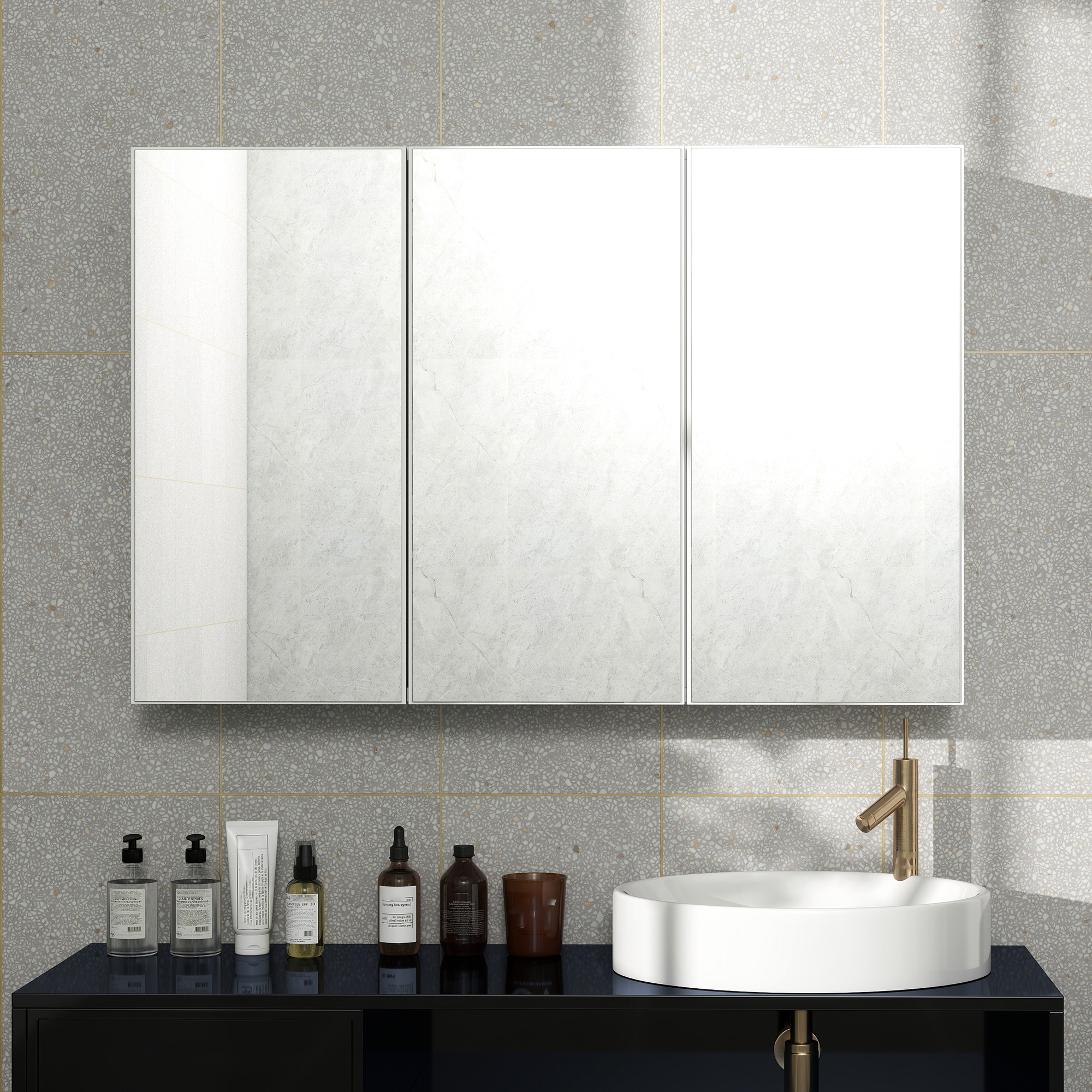 Badezimmerspiegelschrank, Badschrank mit 3 Spiegeltüren, Wandmontage, 90 x 15,5 x 60 cm, Spanplatte, Weiß