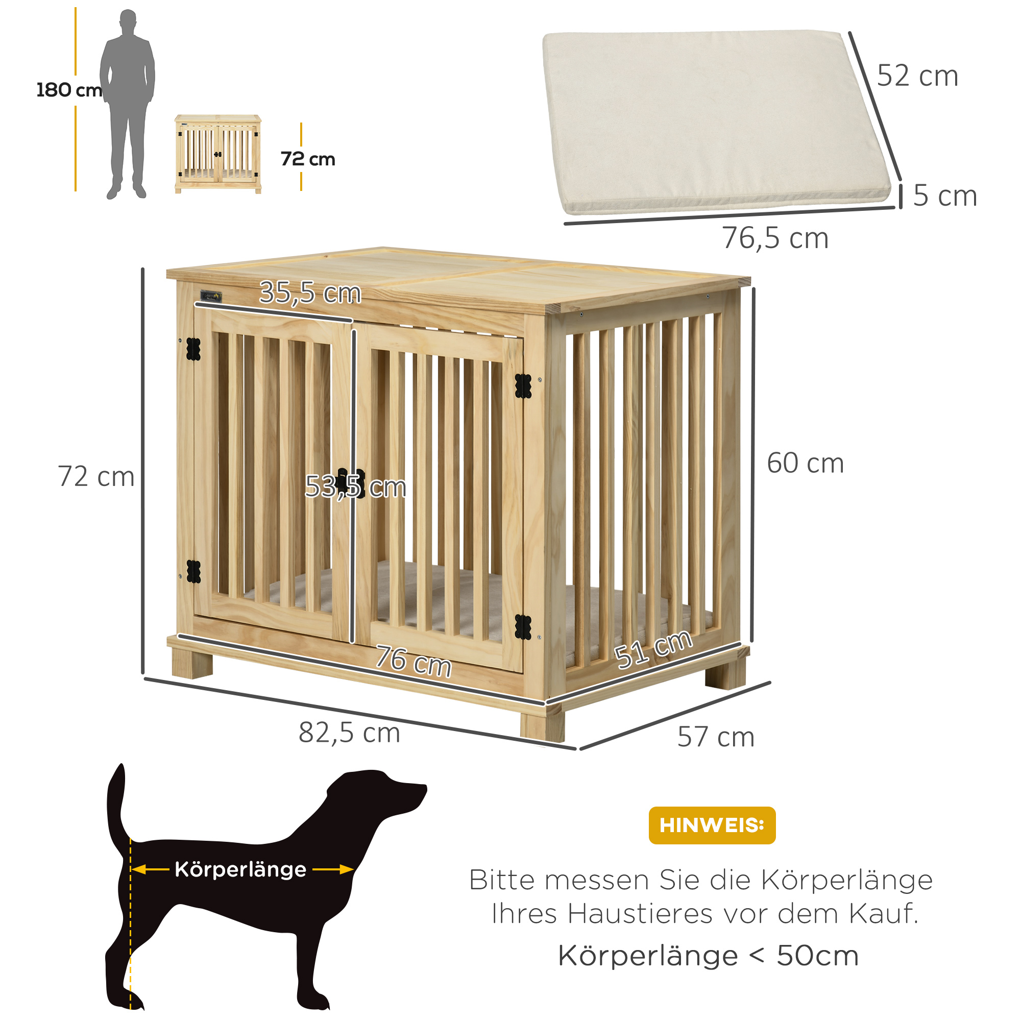 Hundekäfig inkl, Verrieglung und Polster, 82,5 cm x 57 cm x 72 cm, Naturholz + Cremeweiß