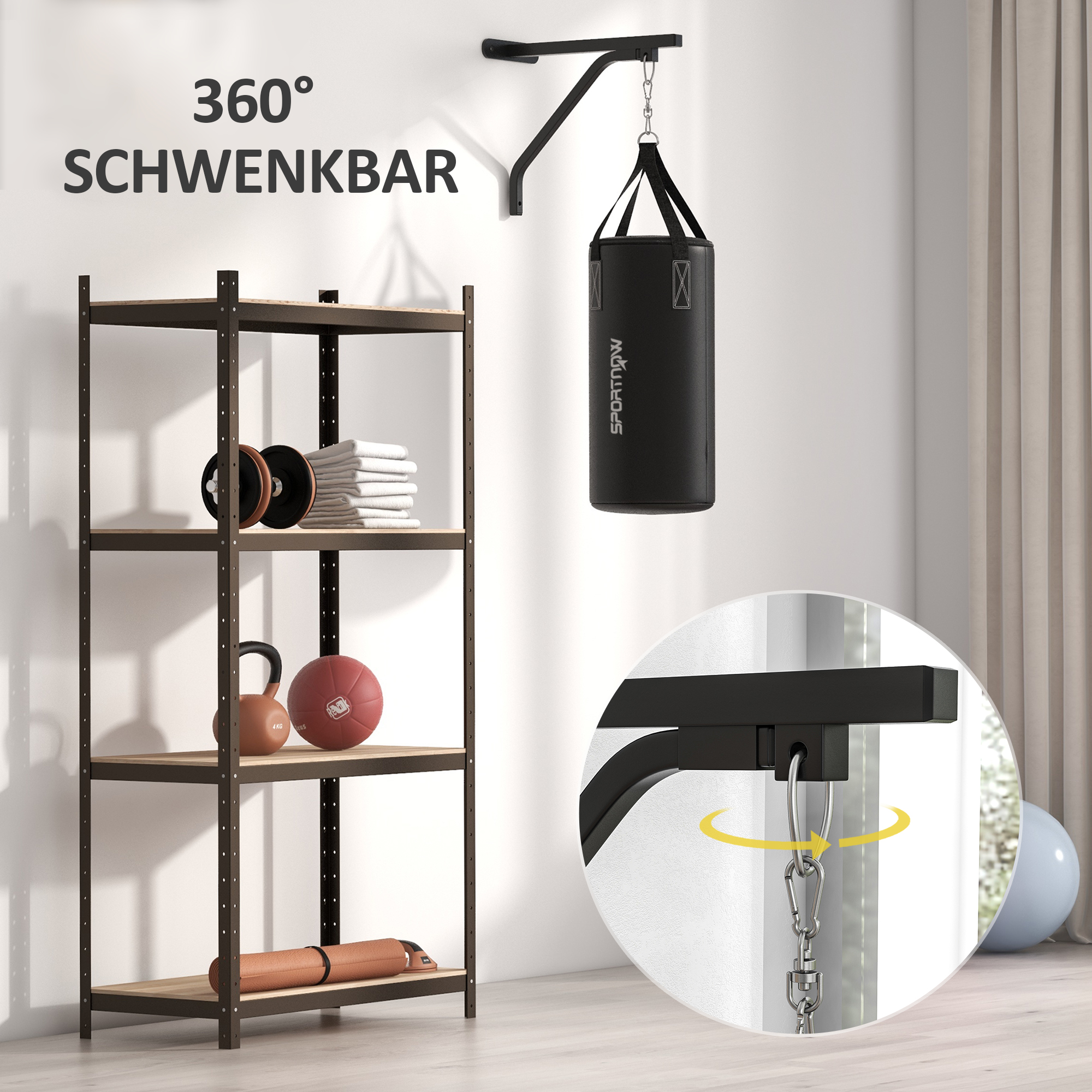 Boxsack, befüllbar, mit Wandhalterung, Handschuhen und Bandagen, bis 45 kg, Schwarz