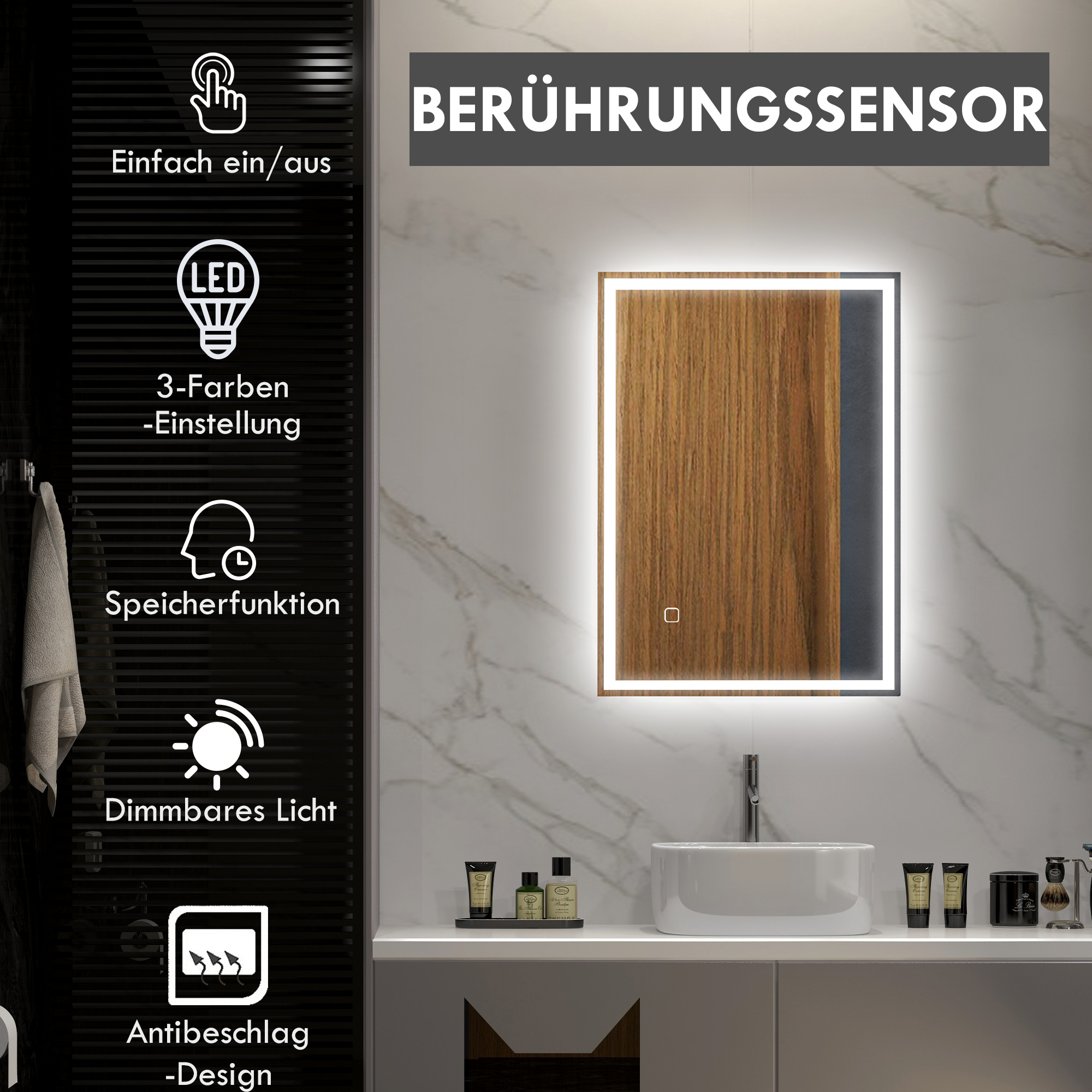 Badspiegel Badezimmerspiegel Wandspiegel LED´s, Berührungsschalter, Weiß