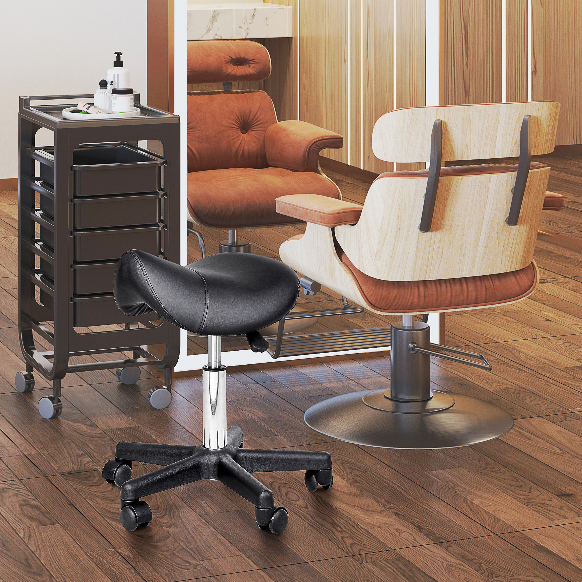 Rollhocker, sattelförmiger Sitz, höhenverstellbar, um 360° drehbar, Kunstleder, schwarz, 35 x 38 x 45-55 cm