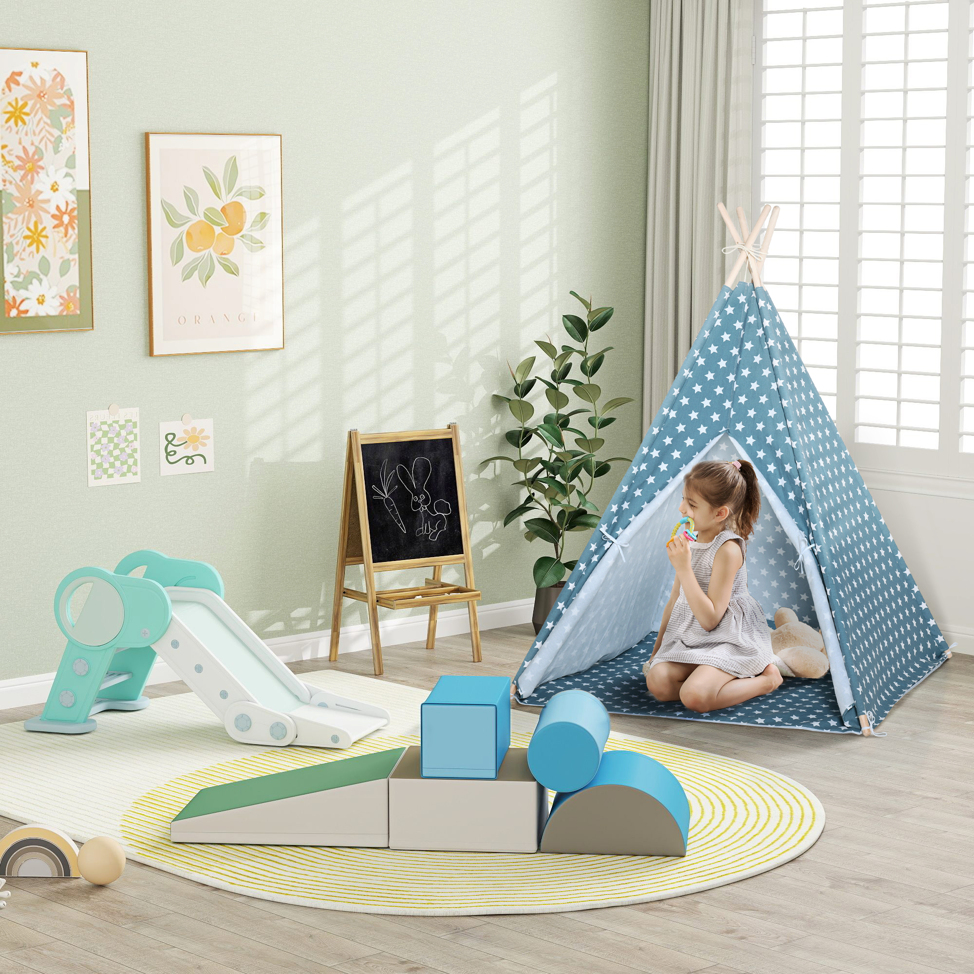 Rutsche für Kleinkinder, klappbar, Indoor, rutschfeste Stufen, erhöhter Sicherheitsrand, grün