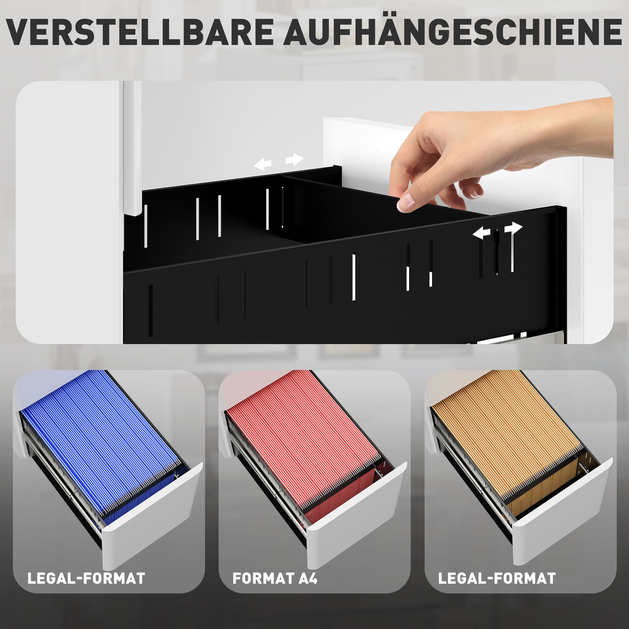 Aktenschrank aus Metall, Büroschrank, 3 Schubladen, rollbar, Weiß