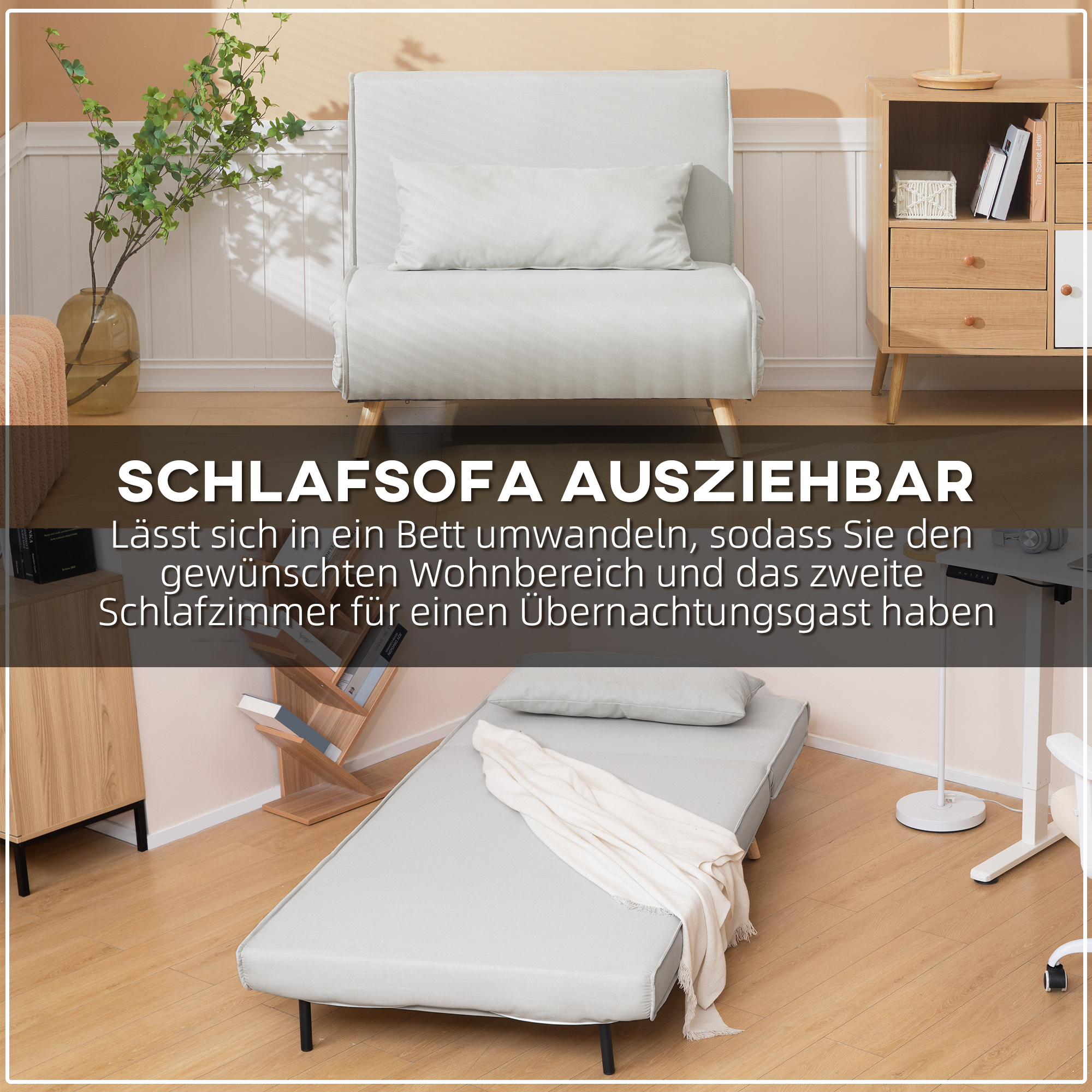 Einzelsofa Schlafsofa Sofabett Klappsofa verstellbar Rückenlehne Liege nordisch skandinavisch 25D Schaumstoff Haus Leinenimitat Tannenholz Cremeweiß 94 x 78 x 80 cm