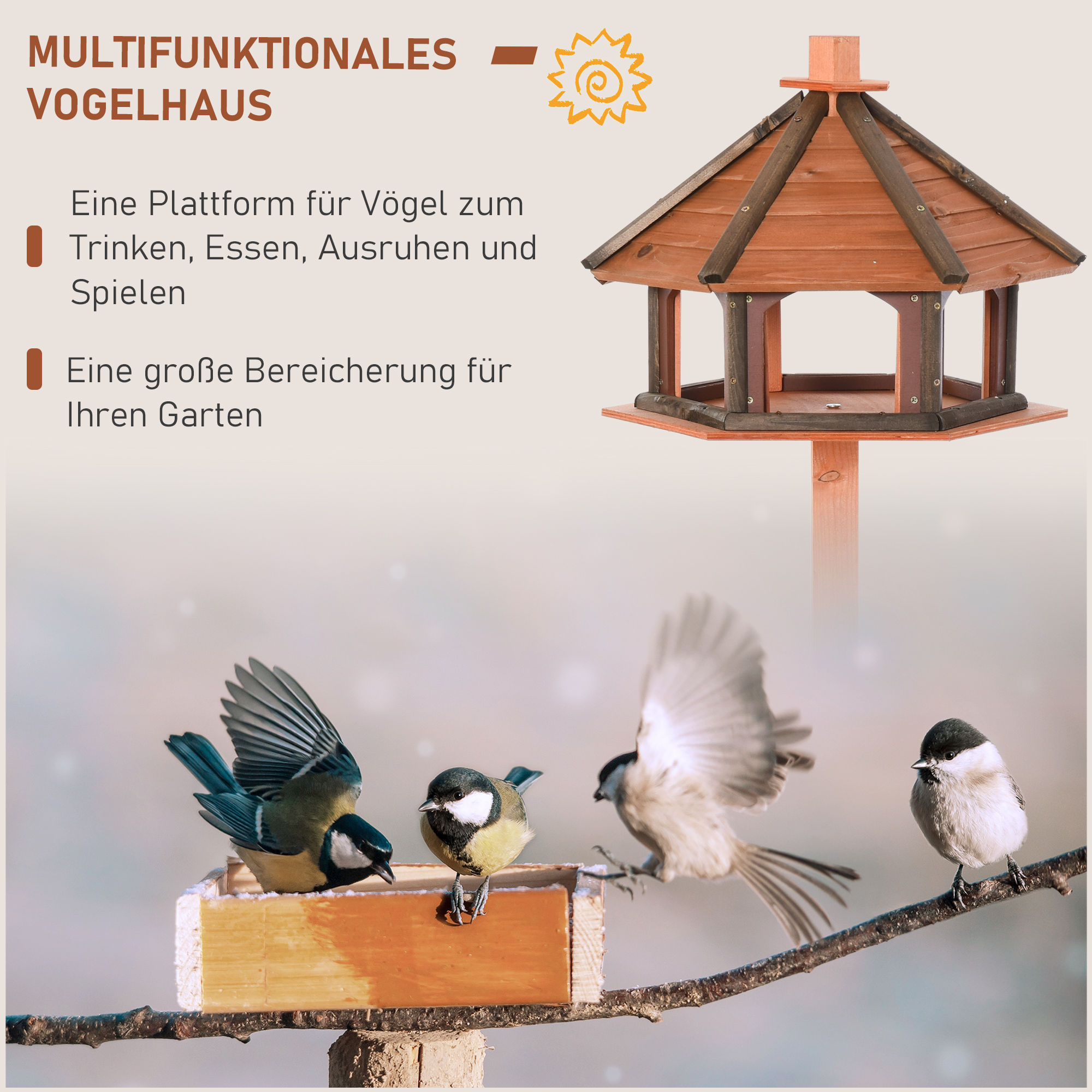 Vogelhaus mit Ständer wetterfestes Vogelfutterhaus mit wetterfestem Dach Futterhaus aus Holz für Wildvögel Ø52 x 130H cm Natur