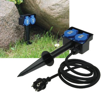 Gartensteckdose mit Erdspieß, 2-fach, IP44, 2m Kabel Gartensteckdose mit Erdspieß, 2-fach, IP44, 10m Kabel