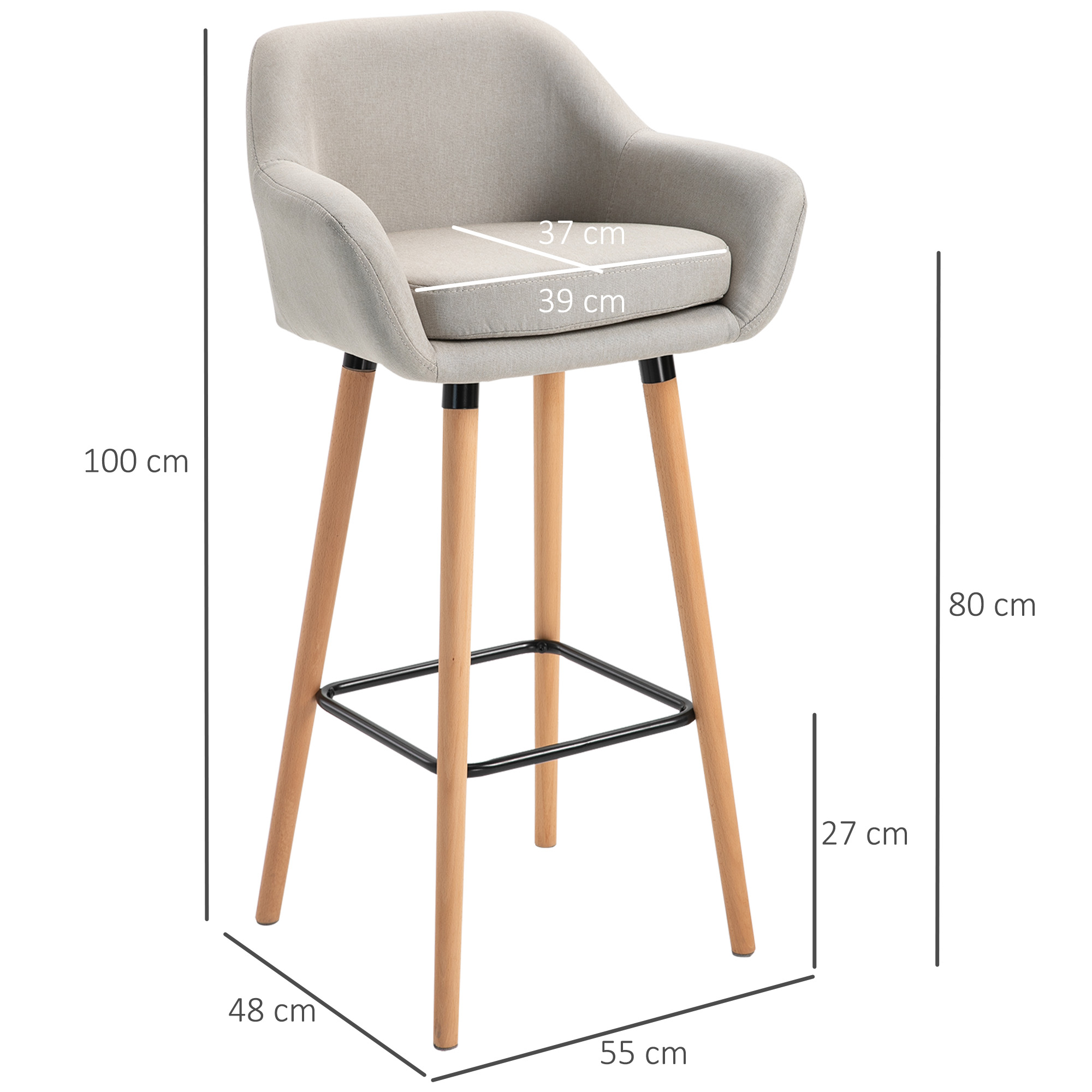 2er-Set Barhocker, inkl, Fußstütze, Massivholz, 55 cm x 48c m x 100 cm,  Beige