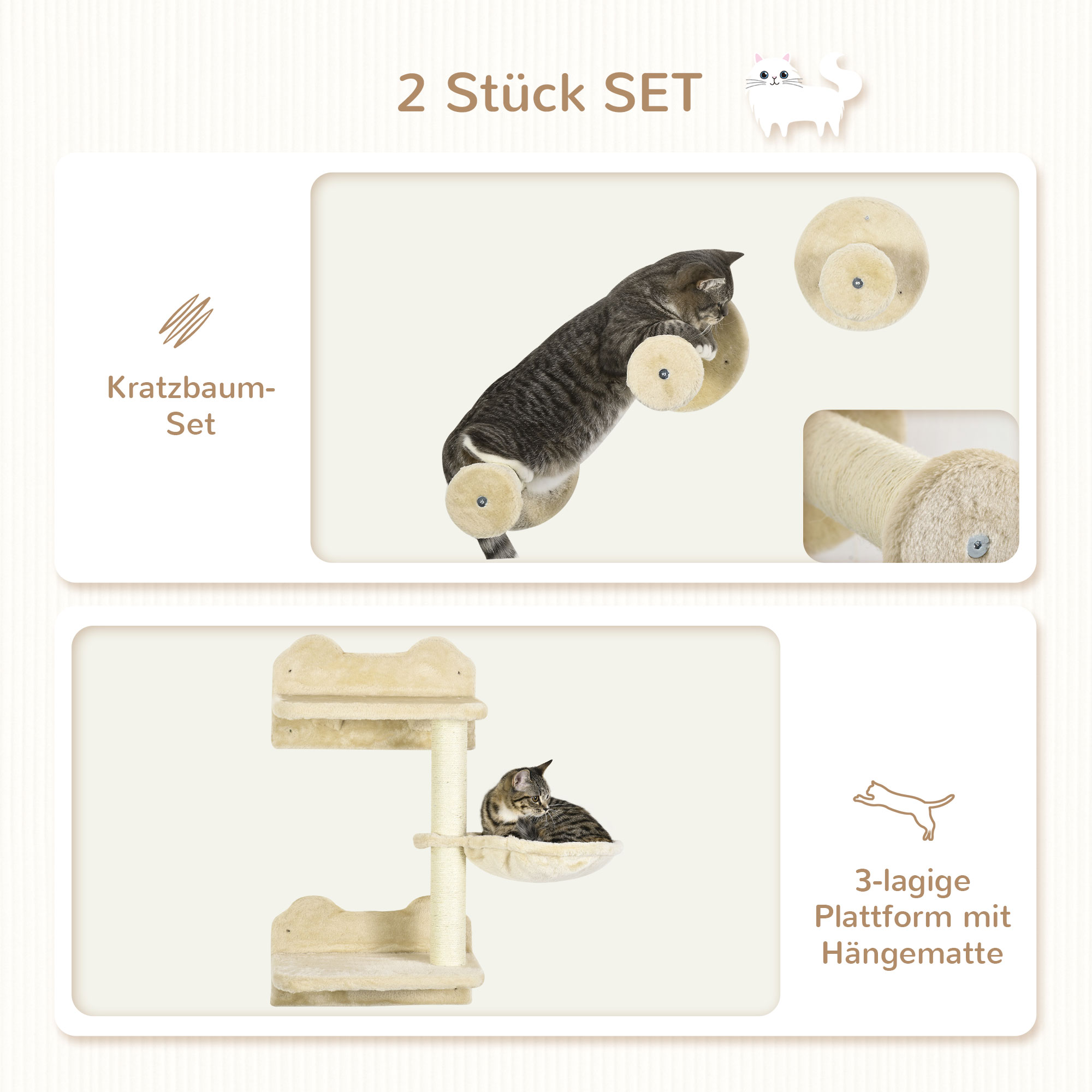Kletterstufen, Kletterwand, Katzentreppe, 4-tlg, Set, mit Kratzbaum, Hängematte, beige+cremeweiß, 40 x 28 x 73cm