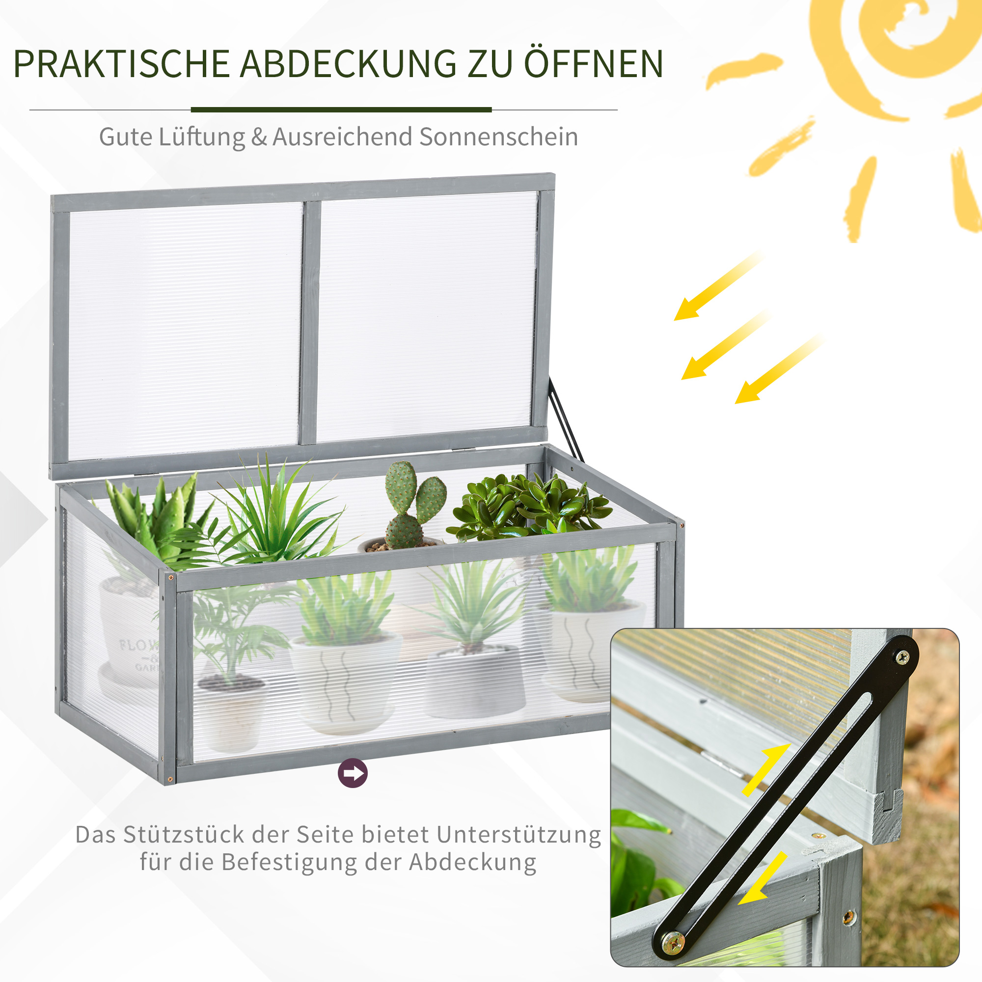 Frühbeet Holz und Polycarbonat Treibhaus 90 x 46 x 40 cm Gewächshaus mit Abdeckung wetterfest Frühbeetkasten für Garten Pflanzenbeet Grau