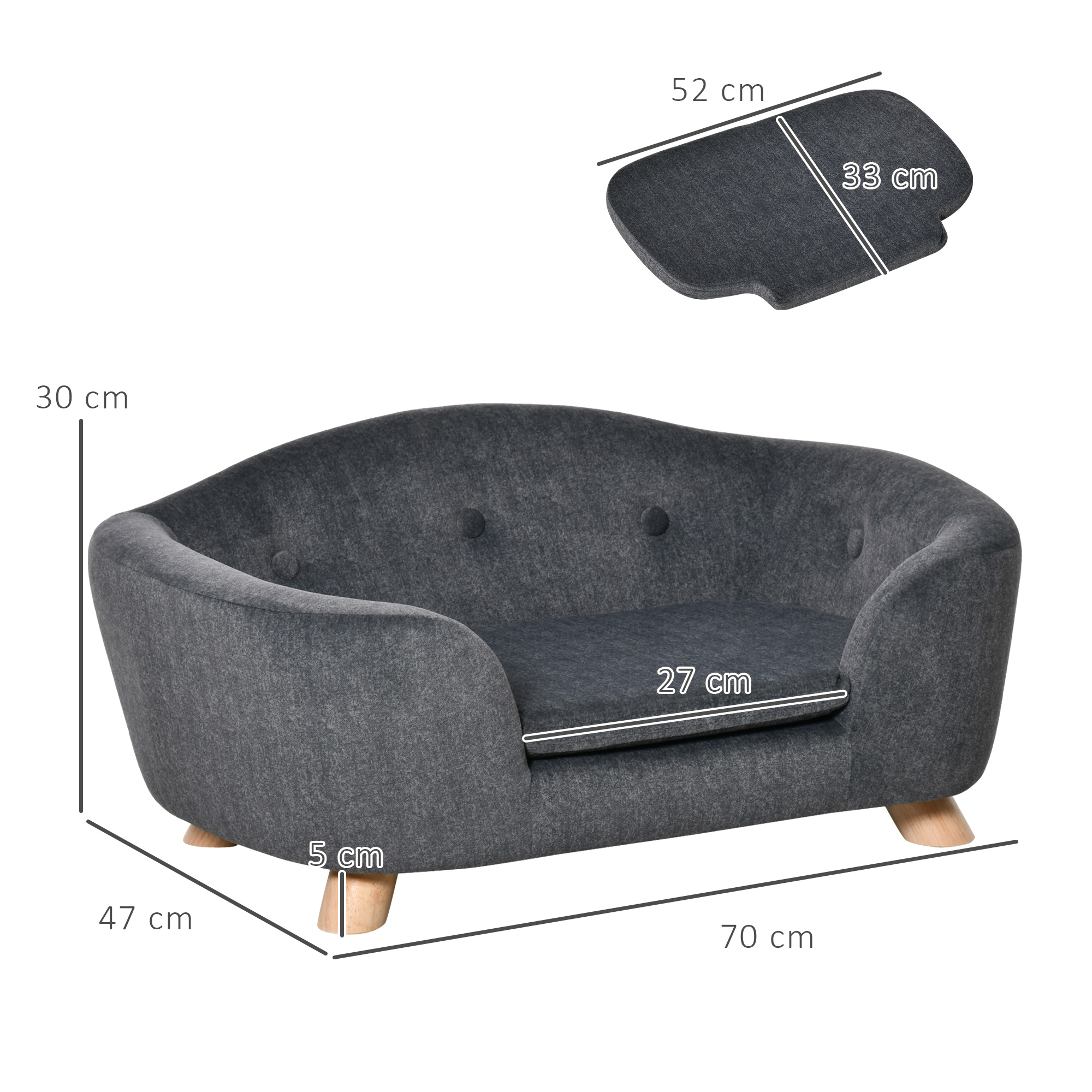 Haustiersofa Hundematte Hundebett Hundesofa Hundecouch Katzen Sofa mit Kissen Rückentasche Plüsch Schaumstoff Kiefernholz Dunkelgrau 70 x 47 x 30 cm