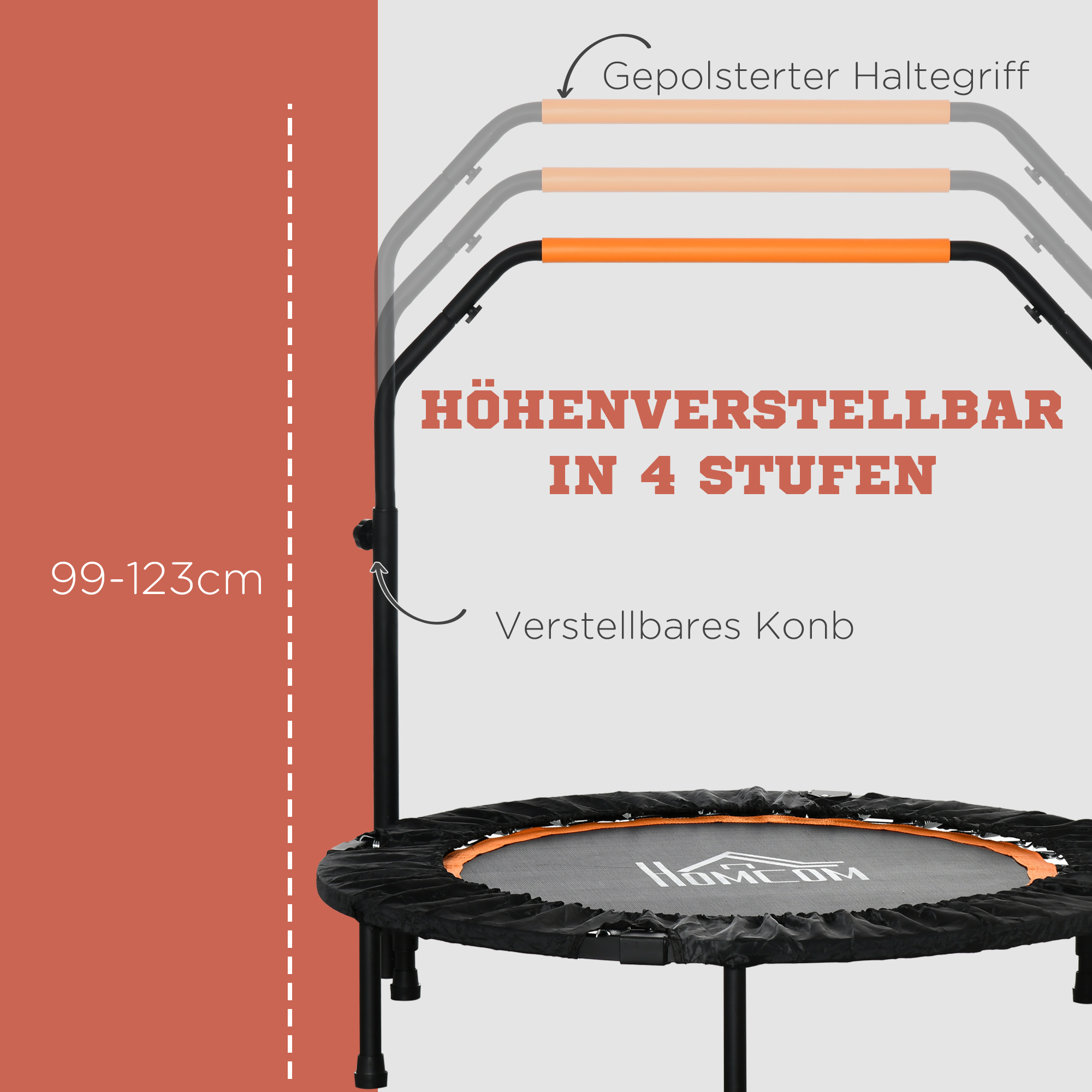 Fitnesstrampolin, klappbar, verstellbarer Haltegriff, Ø102 x 123H cm, bis 100 kg, Schwarz