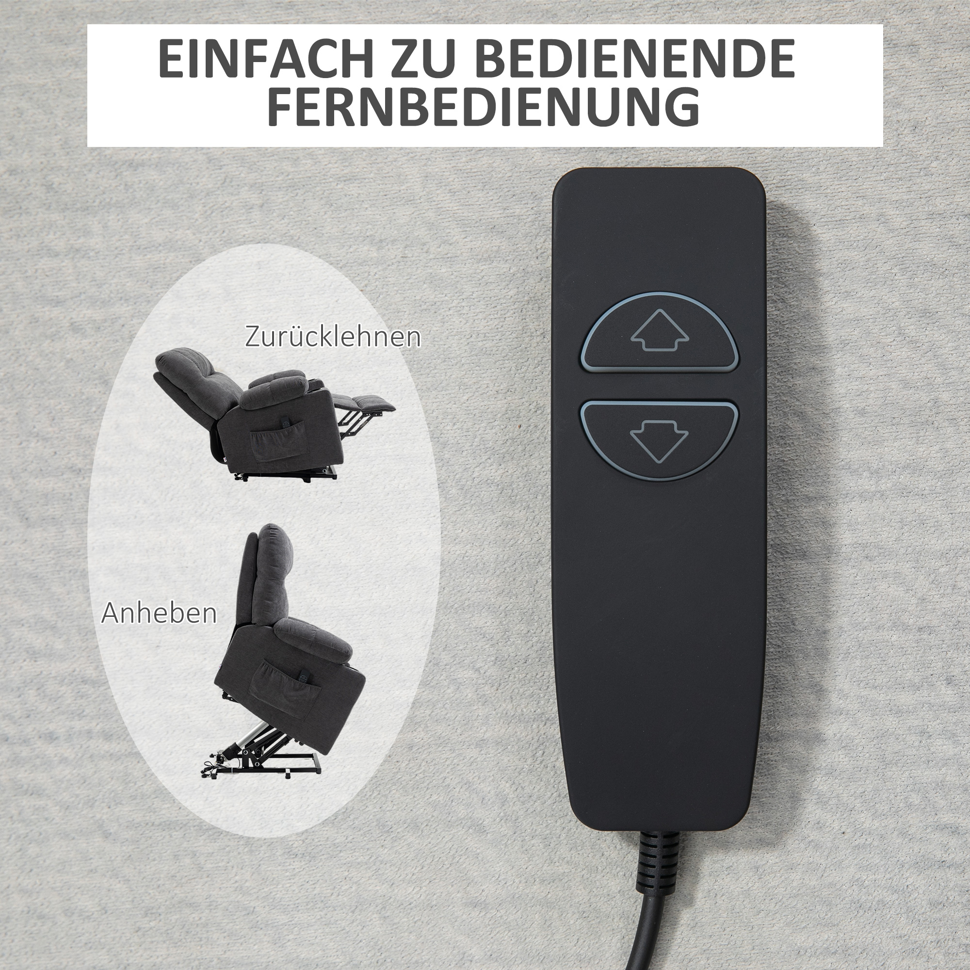 Aufstehhilfe Seniorensessel, Liegefunktion, inkl, Fernbedienung, 144 cm x 91 cm x 88 cm, Dunkelgrau