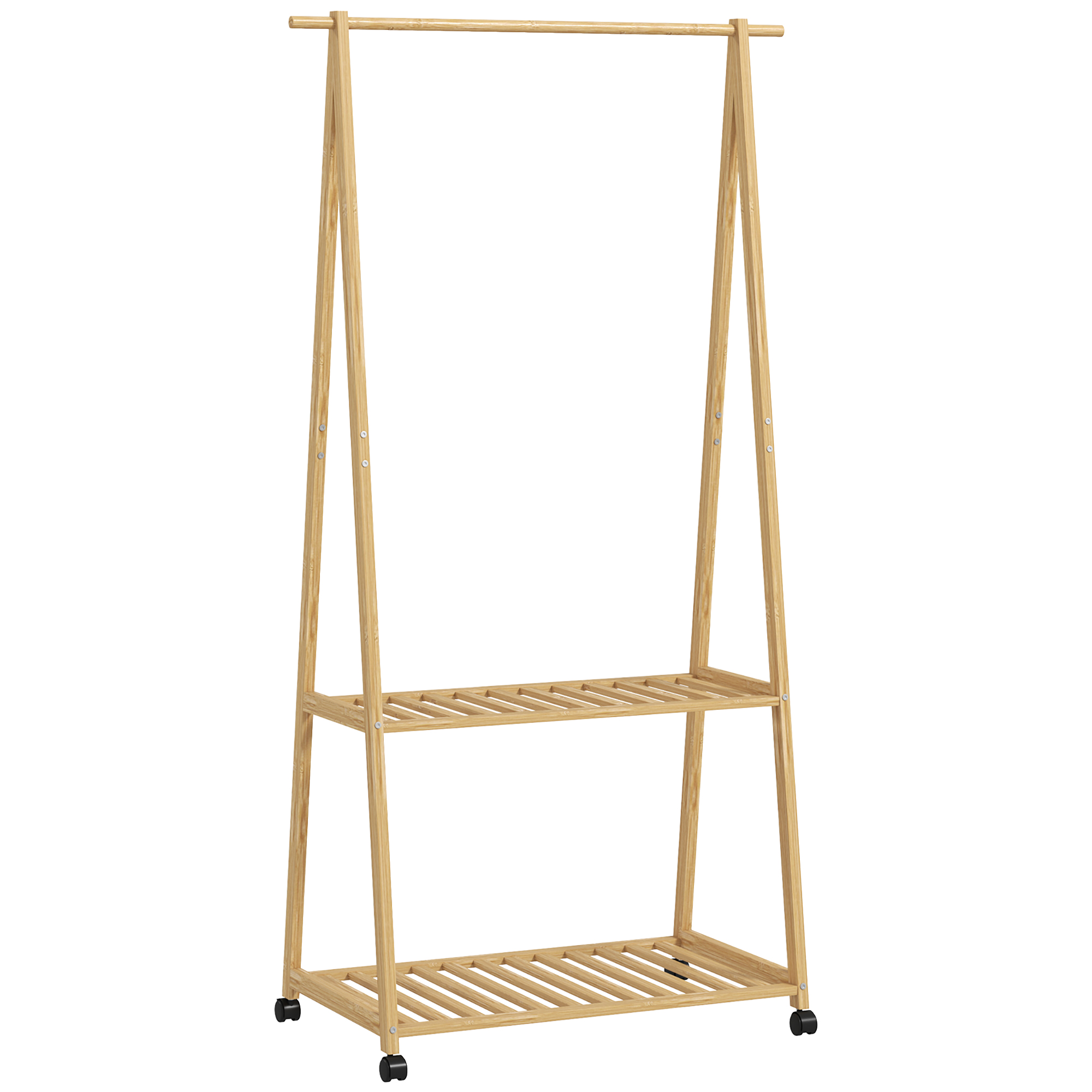 Kleiderständer, 2 untere Regale, 67 cm lange Kleiderstange, Bambusholz, Rollen