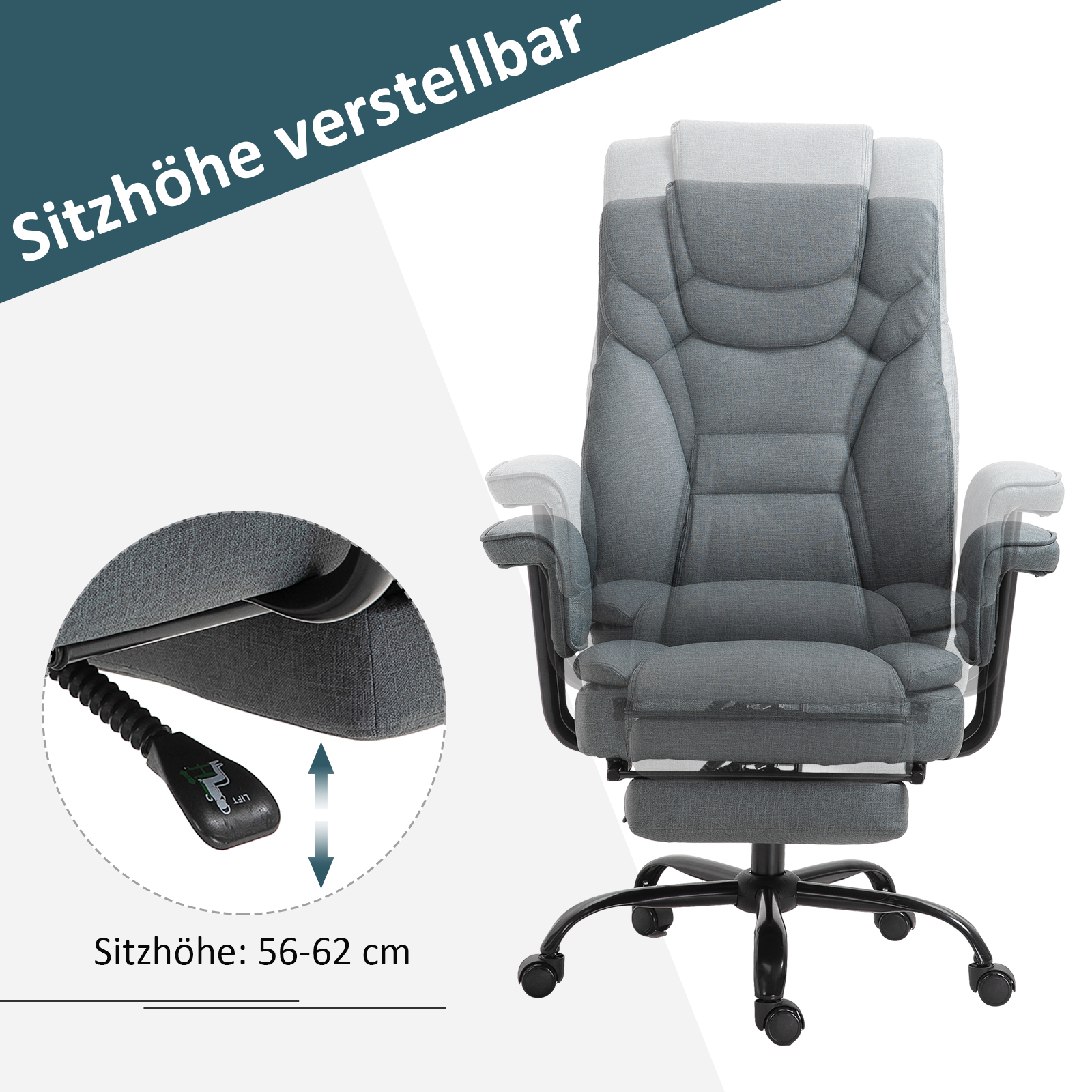 Bürostuhl Ergonomischer Chefsessel 360° Drehbar Computerstuhl höhenverstellbar mit Kopfstütze und gepolsterte Armlehnen mit Fußstütze Kunstleder 68 x 80 x 120-126 cm