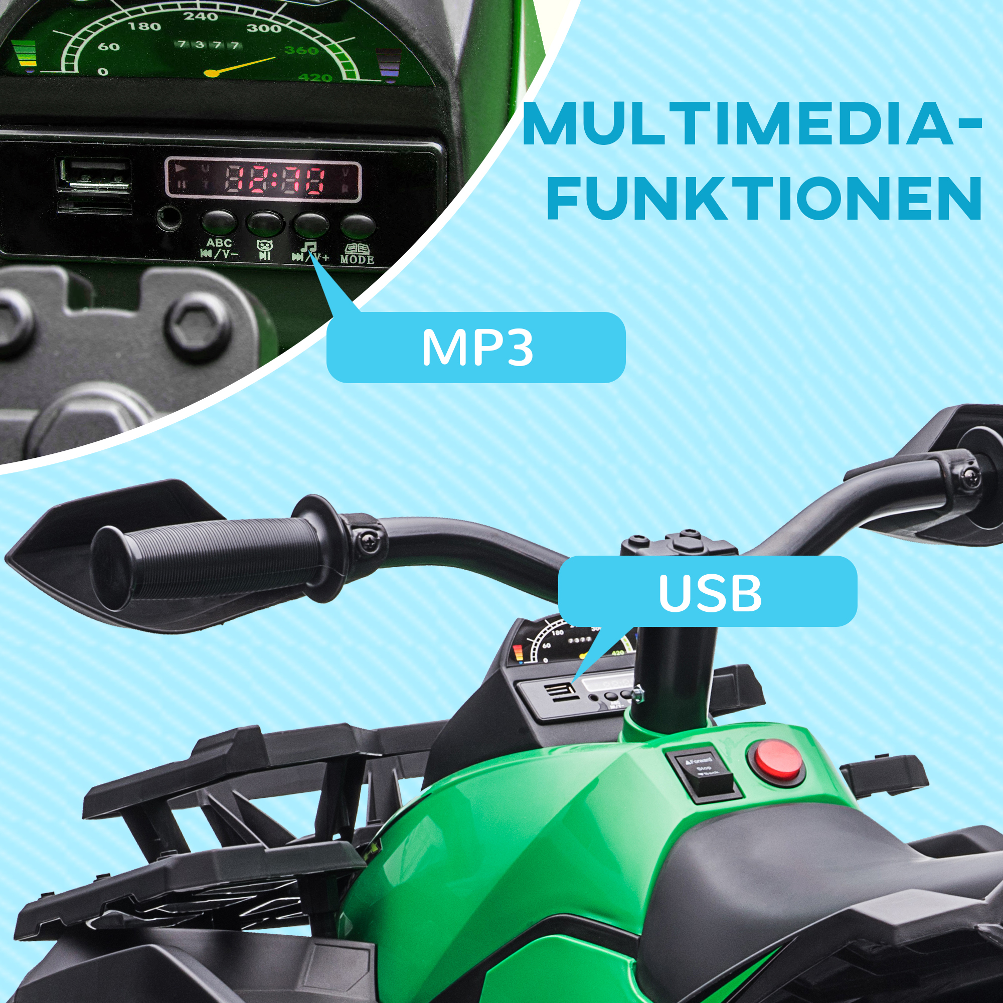 Kinderquad, Licht & Musikanschluss, 3-8 km/h, für 3-5 Jahre, Grün