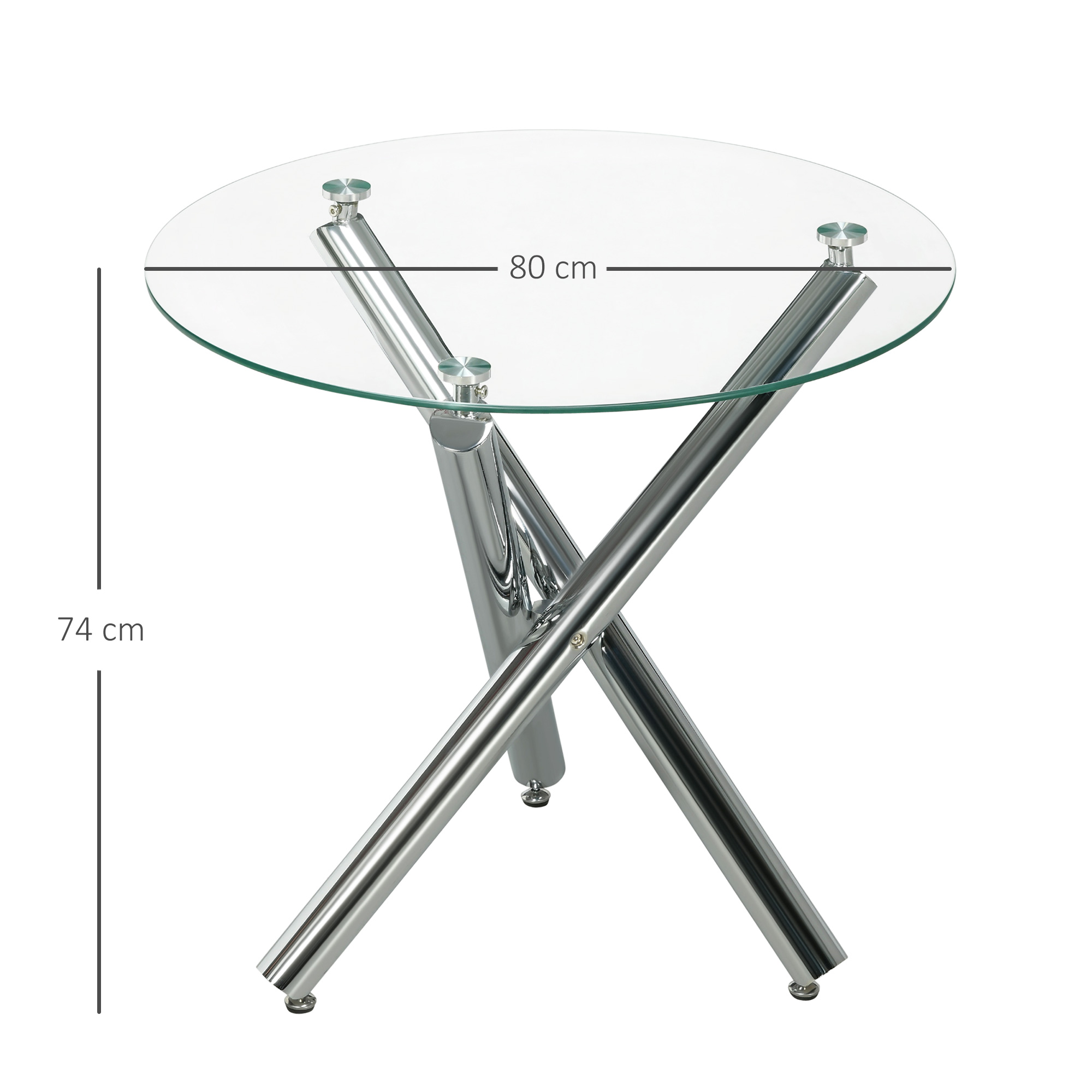 Esstisch, runde Hartglasplatte, randloses Design, für 2-4 Personen, Stahlbeine, 80 x 80 x 74 cm