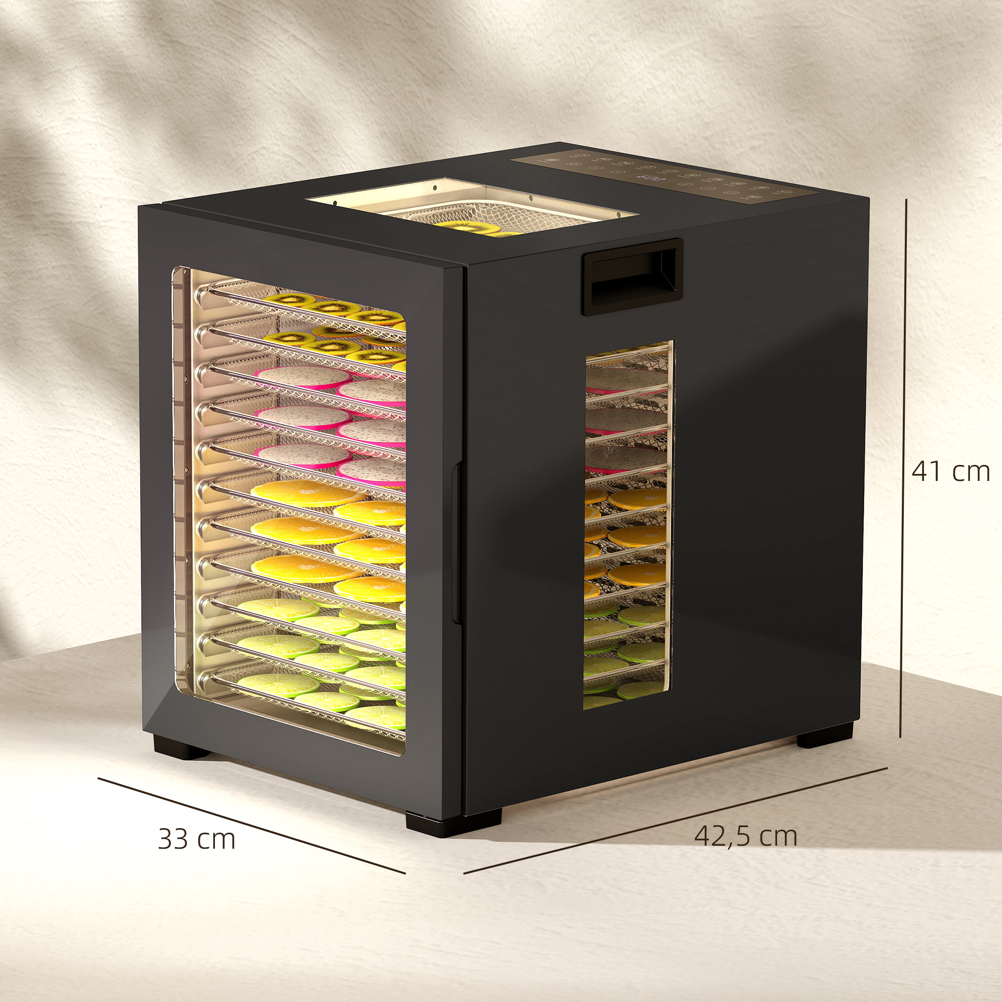 Dörrautomat Dörrgerät, 850 W, 40-70°C Temperaturregler, 48 Std, Timer, 12 Einlegefächer Edelstahl Schwarz