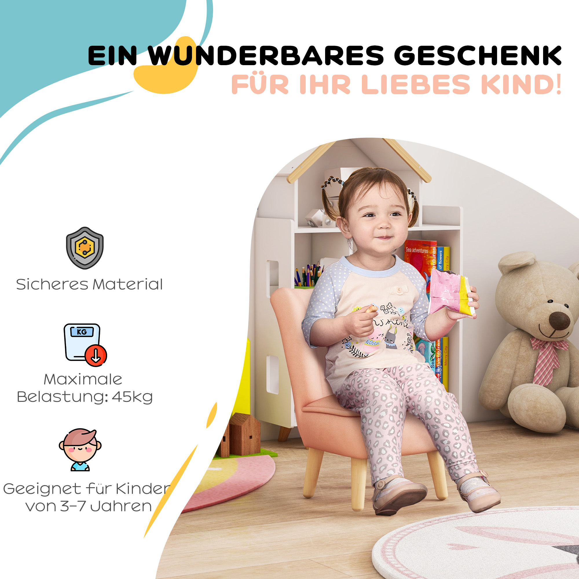 Kindersessel, Samtoptik, für 3-7 Jahre, bis 45 kg, Holzgestell, 44x45x56,5cm, Pink