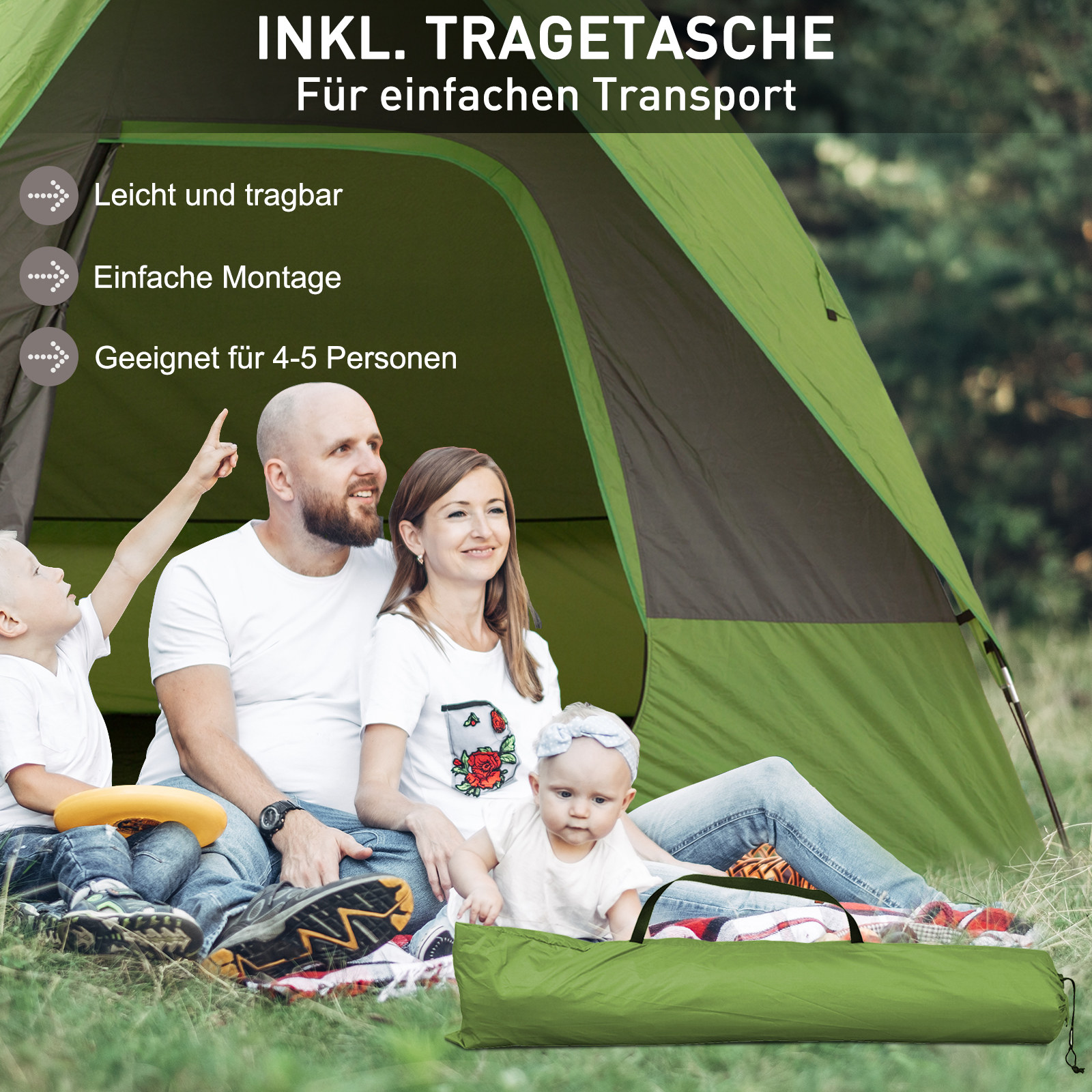 Autozelt, Campingzelt, Reisezelt, für 4-5 Personen, Glasfaser Polyester, Grün, 300 x 300 x 230 cm