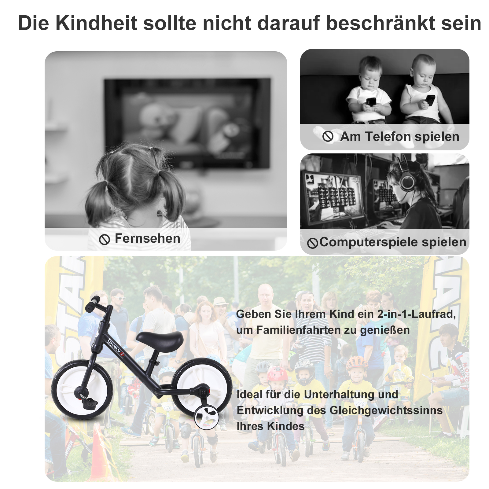 Kinder Laufrad, Lauflernrad, Kinderfahrrad, 2-in-1, Kinderrad mit Stützrädern und Pedalen, 2-5 Jahre, Sitzhöhenverstellbar, PP, Schwarz, 85 x B36 x H54 cm