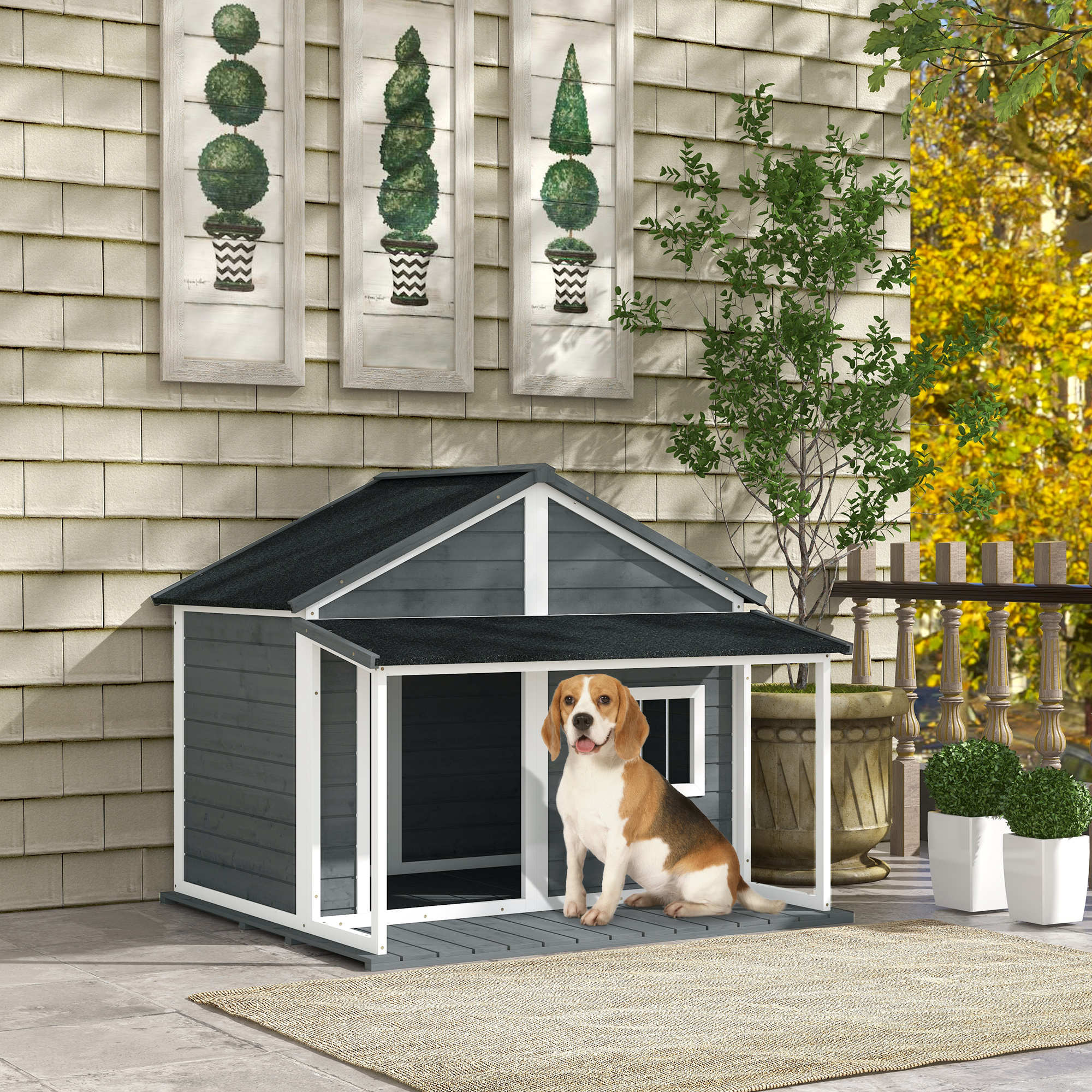 Hundehütte Outdoor-Hundehütte, inkl, Veranda, wetterbeständig, 124 cm x 112 cm x 105 cm, Grau + Weiß