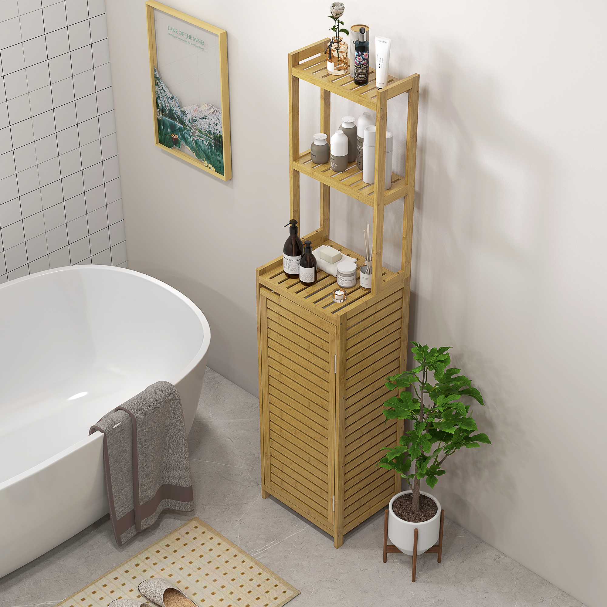 Badezimmerregal Badregal, 3 Regale, 1 Schrank, 38,5 cm x 33 cm x 170 cm, Natur