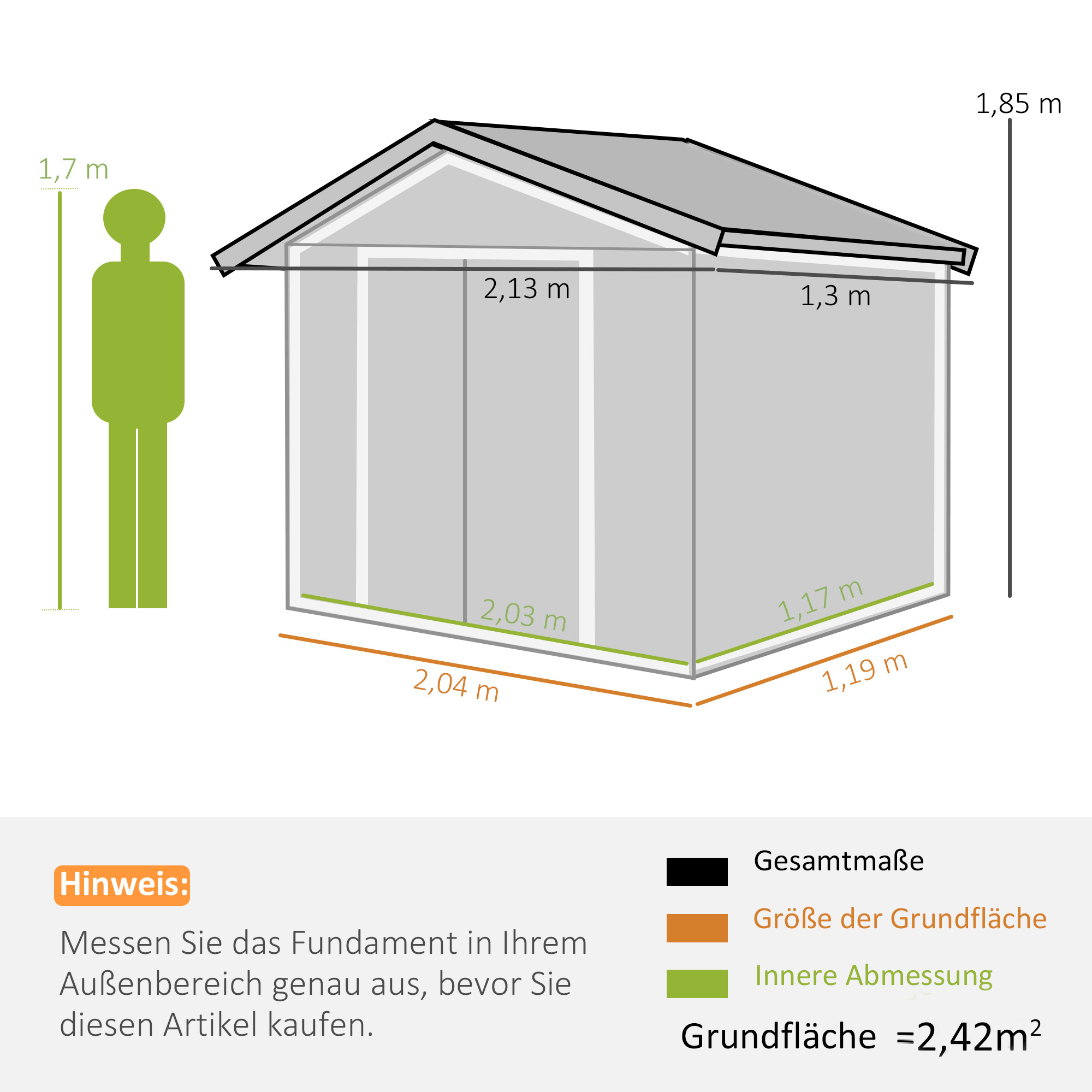Geräteschuppen mit Schiebetüren 2,13 x 1,30 x 1,85cm Metall Grau