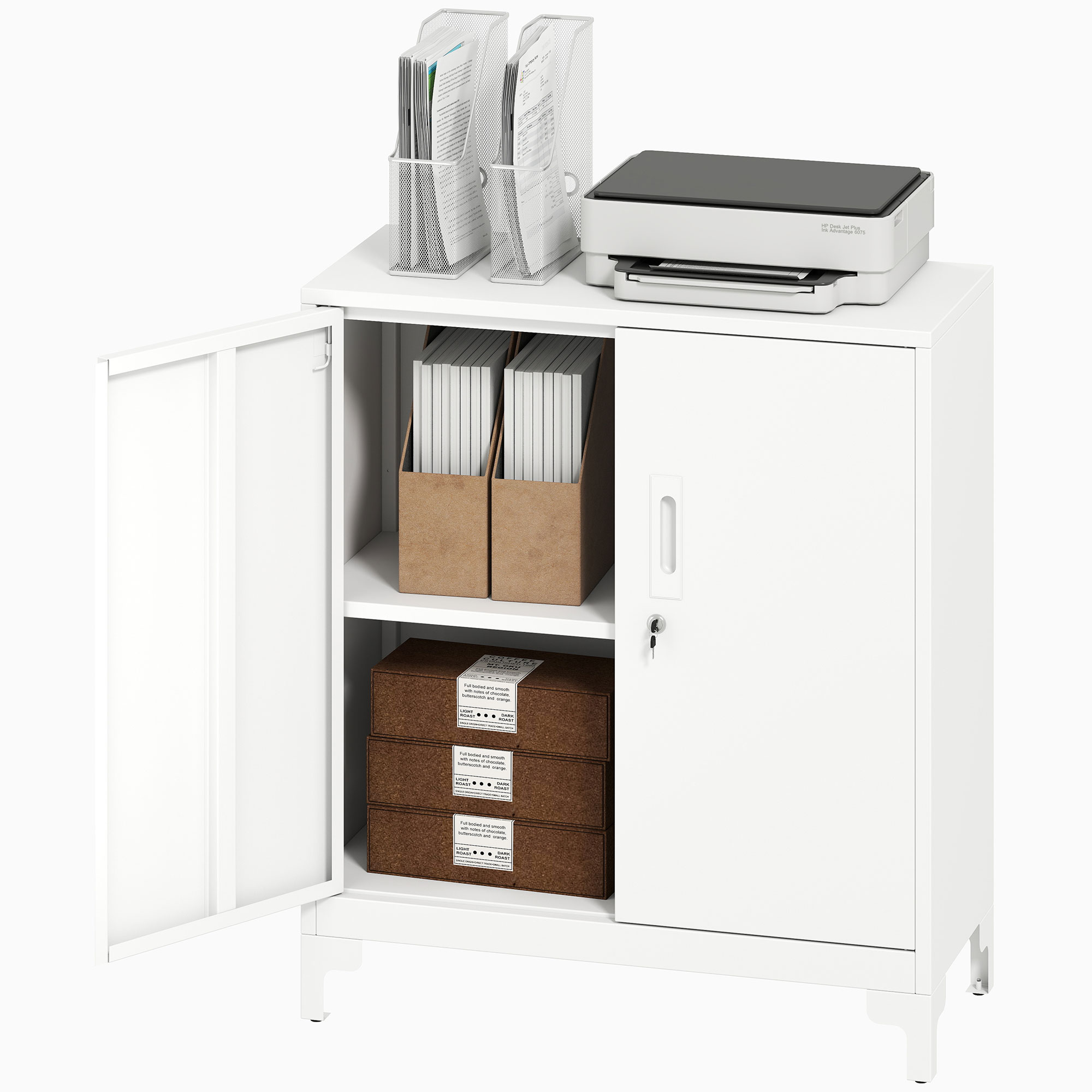 Büroschrank aus Metall, verschließbare Türen, Bürokommode, 2-stufiges Design, Weiß Büroschrank aus Metall, verschließbare Türen, Bürokommode, 2-stufiges Design, Weiß