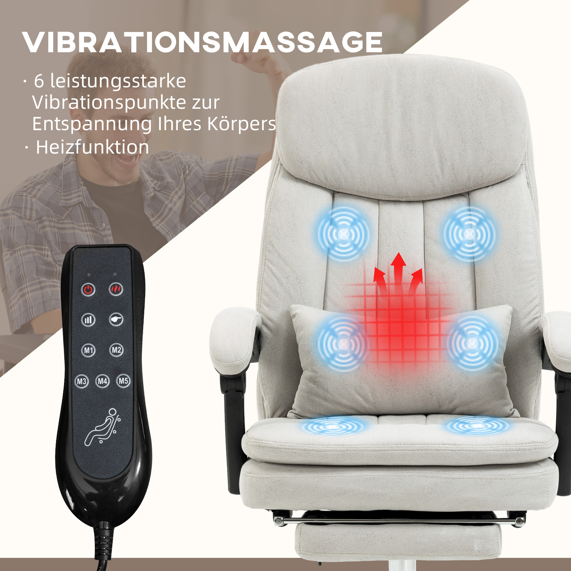 Bürostuhl mit Massage- und Heizfunktion, ergonomisch, 66x67x110-118cm, Cremeweiß