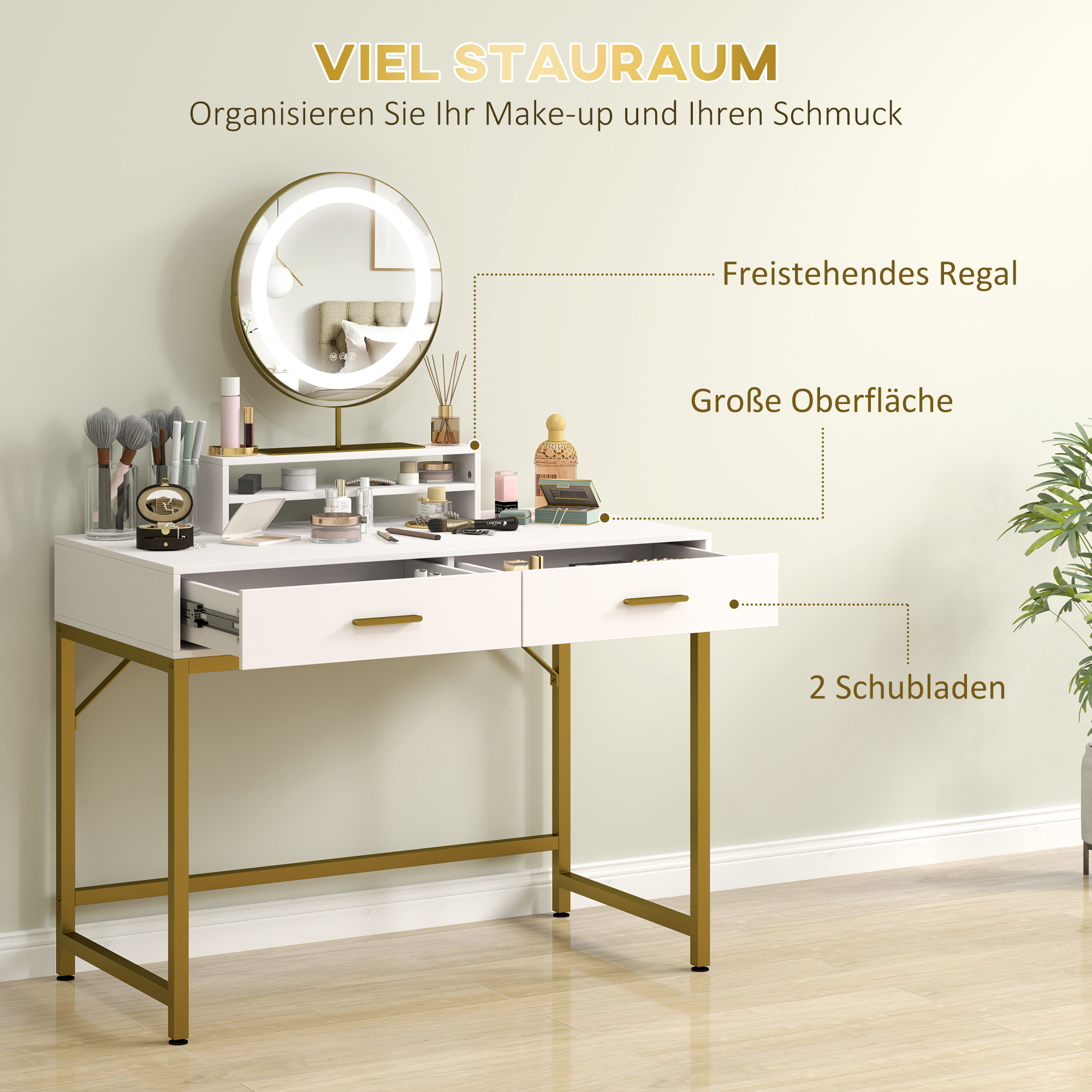 Kosmetiktisch mit 360° Spiegel, LED-Beleuchtung, 2 Schubladen, Weiß/Gold