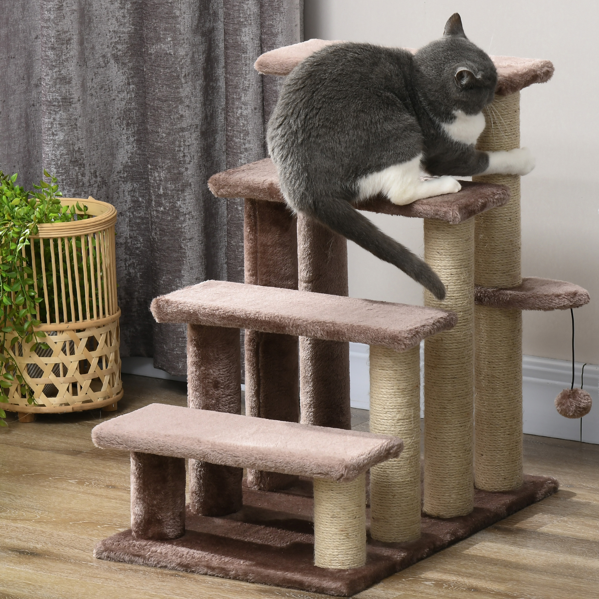 Haustiertreppe, Kratzbaum, 4-stufig, für Tiere bis 5 kg, 60x40x64cm, Braun