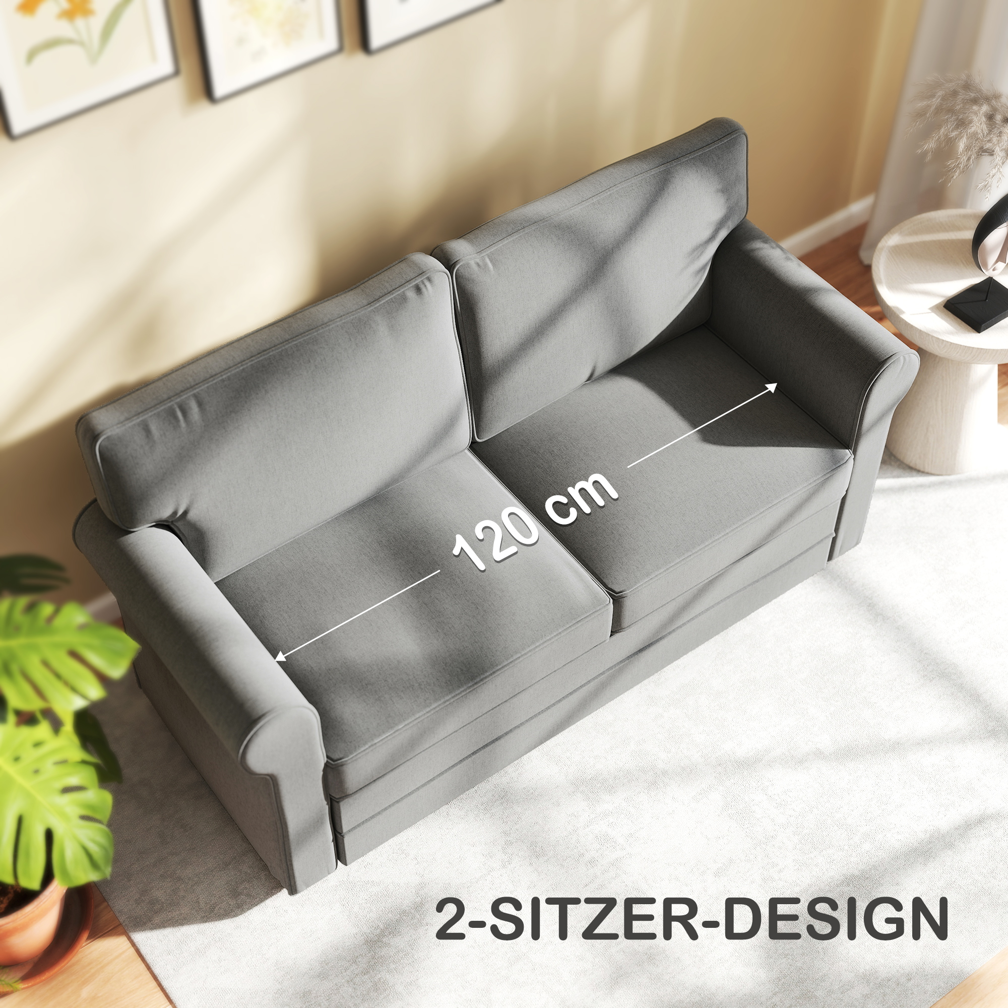 2-Sitzer-Sofa, Kompakte Wohnzimmercouch, Stoff in Leinenoptik, weiche Sitzkissen, Stahlrahmen, Dunkelgrau