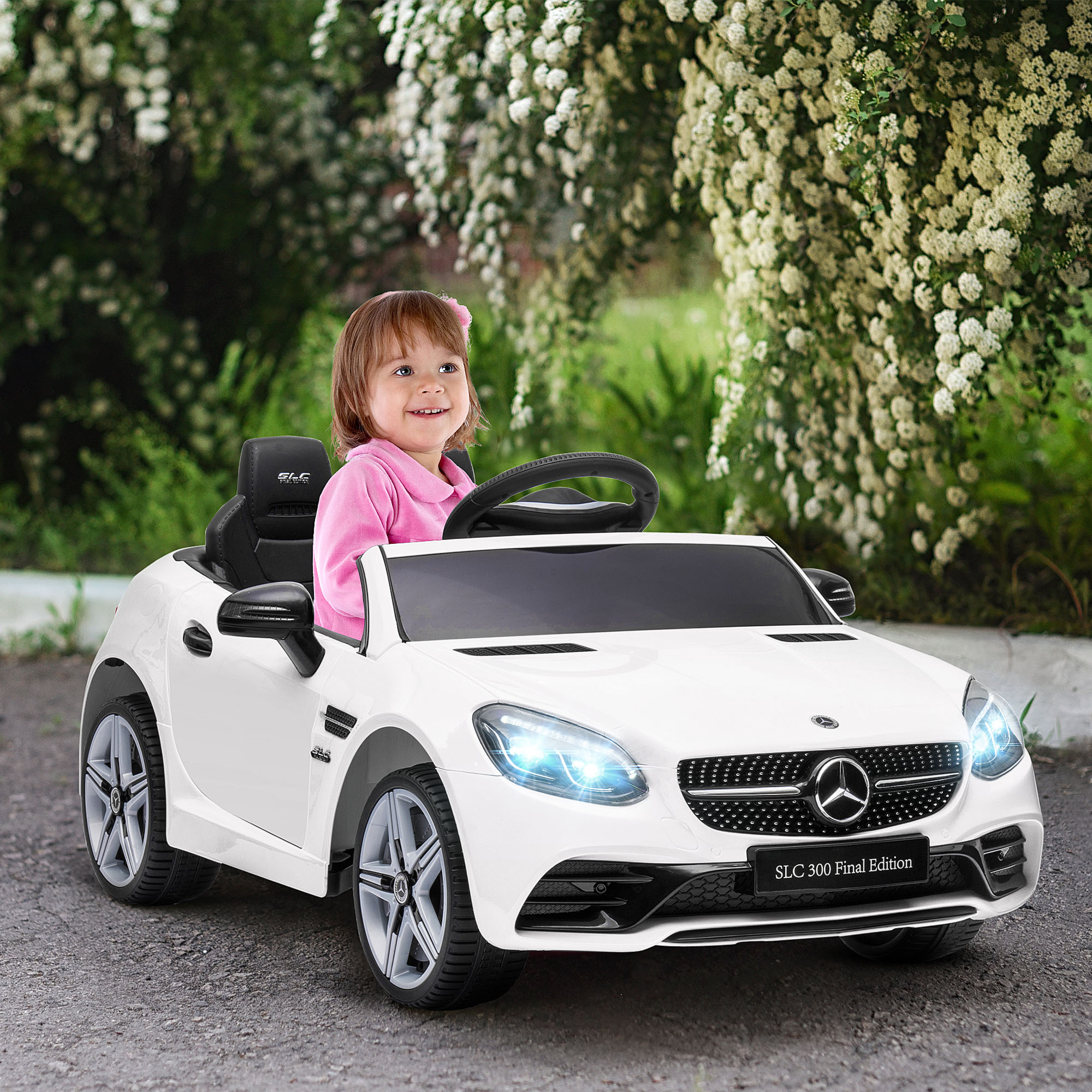 Kinder-Elektroauto, mit LED-Scheinwerfern, Sicherheitsgurt, Hupe, Musik, 3 bis 5 km/h, weiß, 107 x 62,5 x 44cm