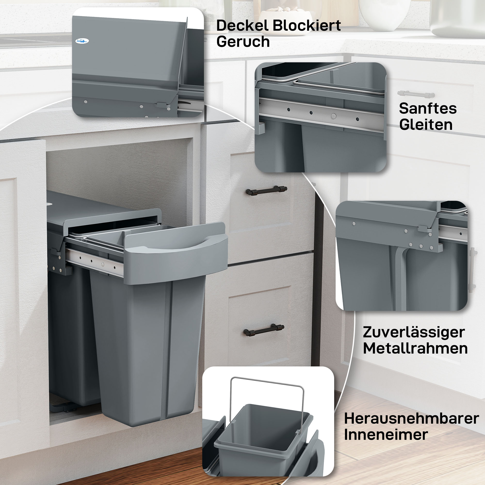 Ausziehbarer Mülleimer, Küchenmüllbehälter mit 2 herausnehmbaren Eimern, Griff, 30 Liter (20 L+10 L), Metall, Grau