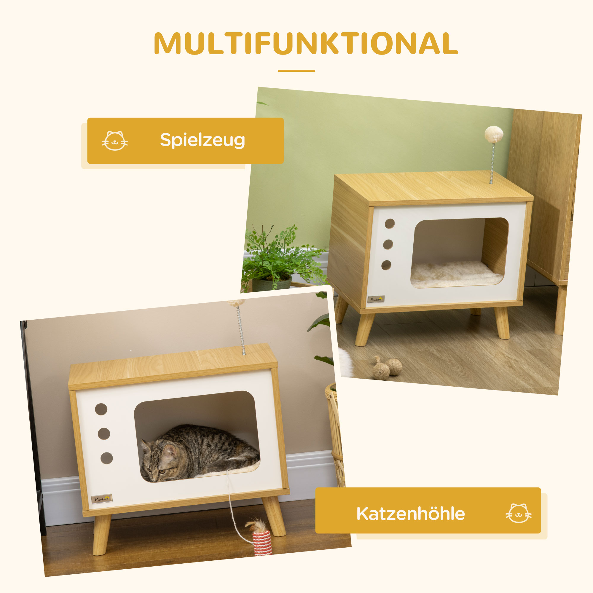 Katzenhöhle imTV-Design inkl, Spielzeug, waschbares Kissen, 50 cm x 28 cm x 43 cm, Eiche + Beige + Weiß