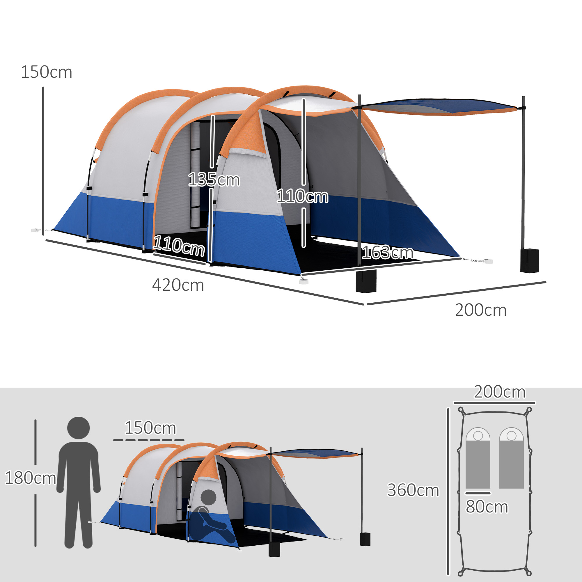 Campingzelt, für 3 Personen, Laternenhaken, drei Eingänge, wasserdicht, Orange