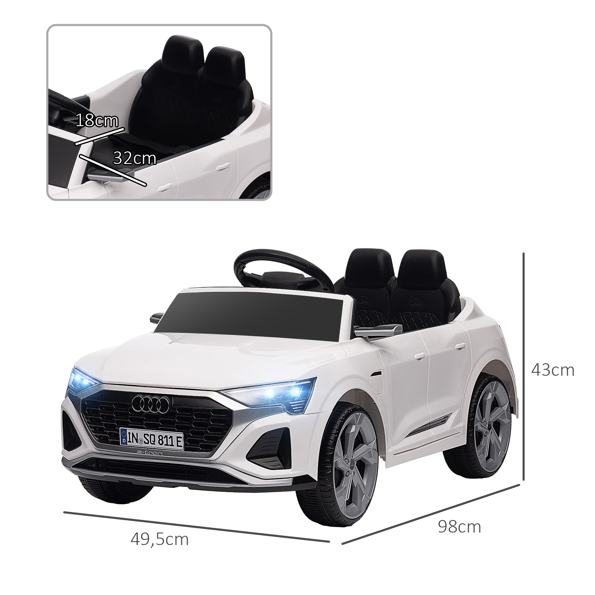 Elektro-Kinderauto, 12V Audi Q8, 3-5 km/h, Fernsteuerung, Scheinwerfer, Musik, Weiß