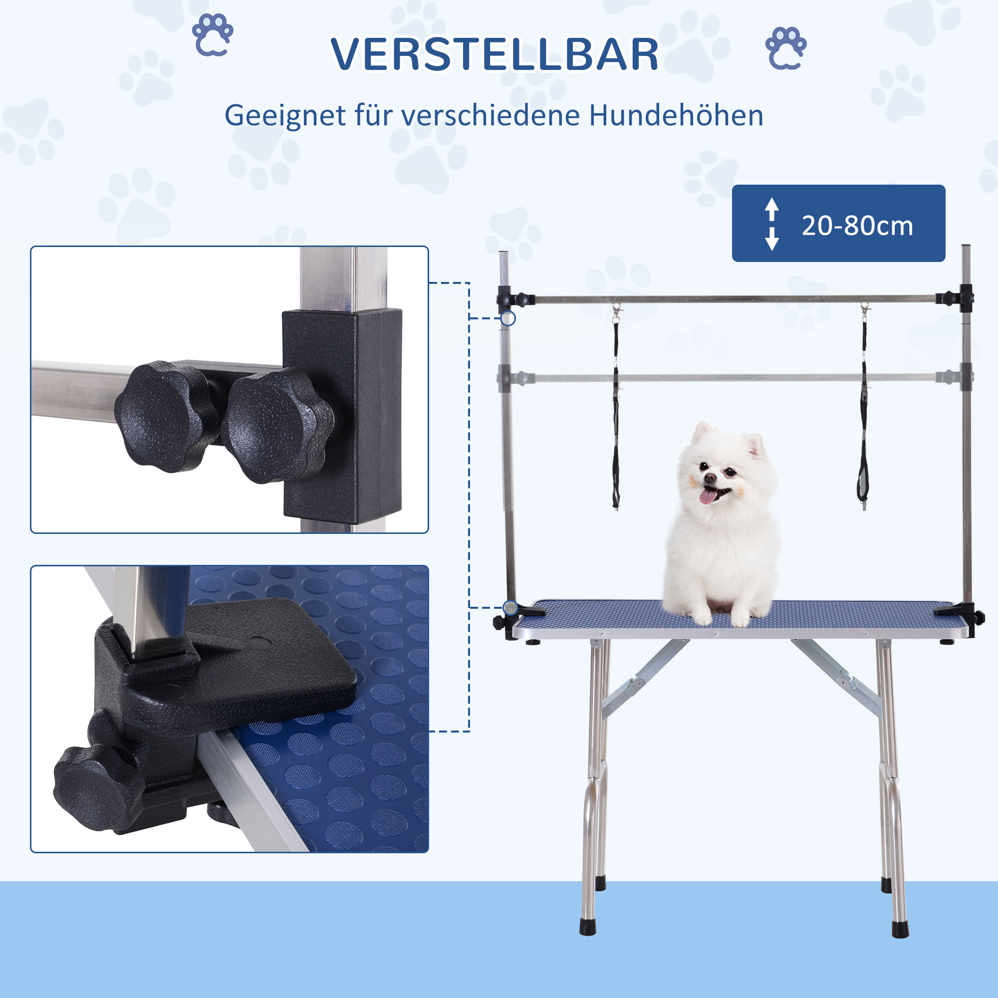 Hundepflegetisch Höhenverstellbar Tierpflegetisch Klappbar Hunde Pflegetisch Hundefriseur Tisch Schertisch Trimmtisch mit Unterkorb für Hunde Katzen bis zu 100 kg Blau