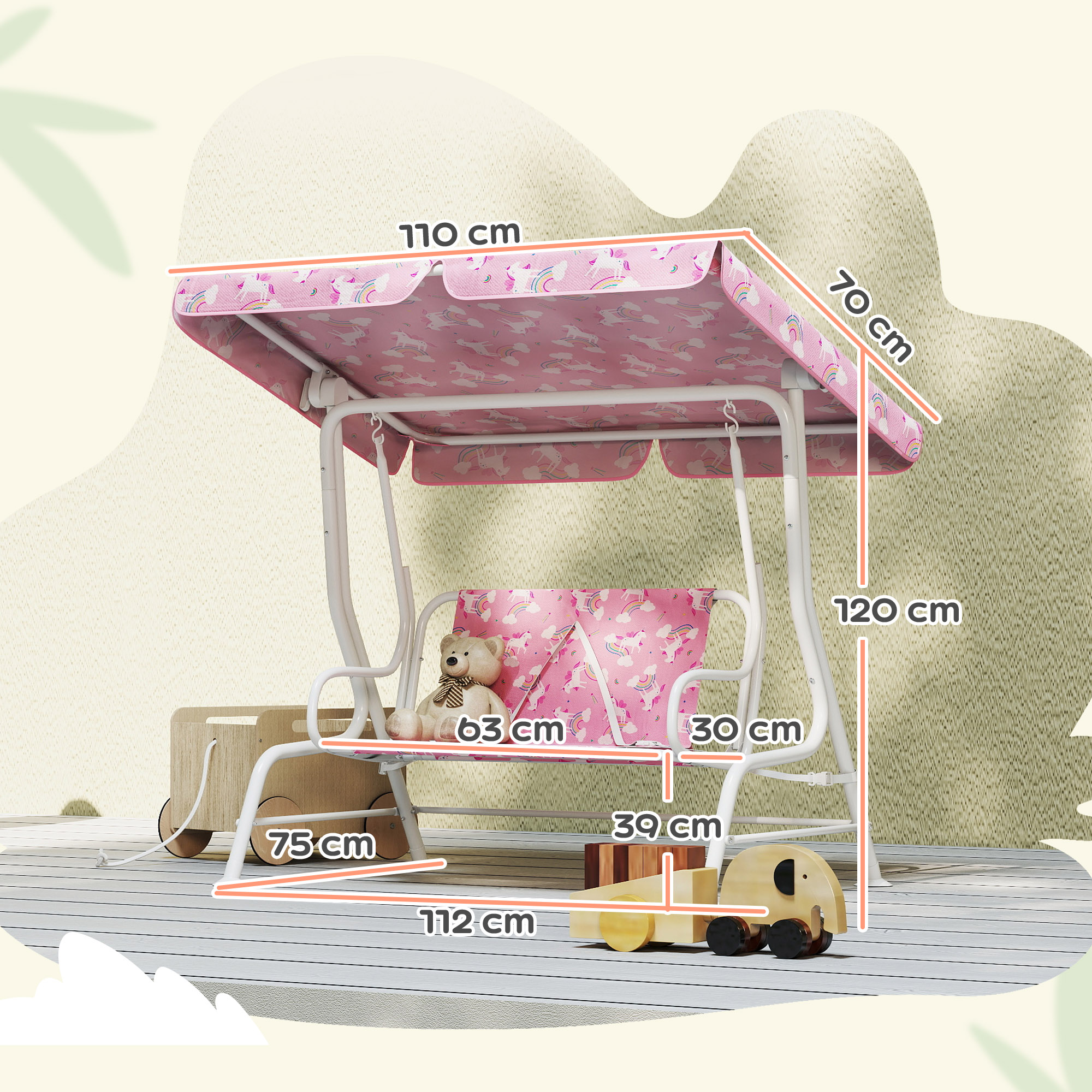 2-Sitzer Kinder Hollywoodschaukel mit verstellbarem Sonnendach, Sicherheitsgurt, für 3-6 Jahre Kinder bis 60 kg Rosa