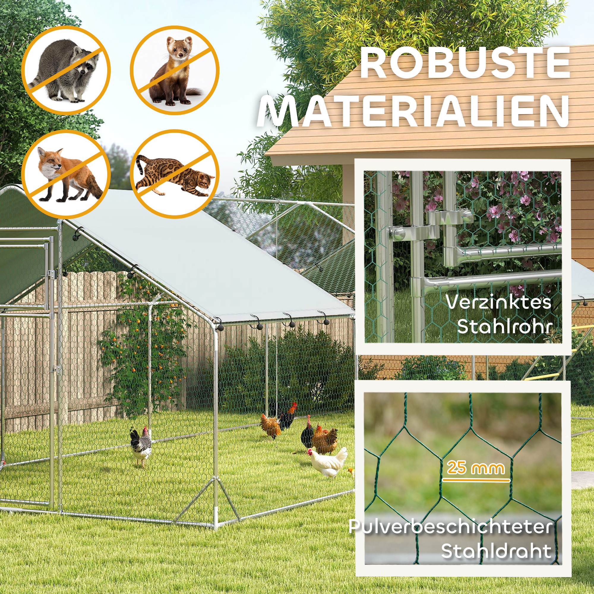 Hühnerstall, Freilaufgehege für Hühner, mit UV-beständiger Plane, Stahlgitter, Futterautomat, für 24-30 Hühner