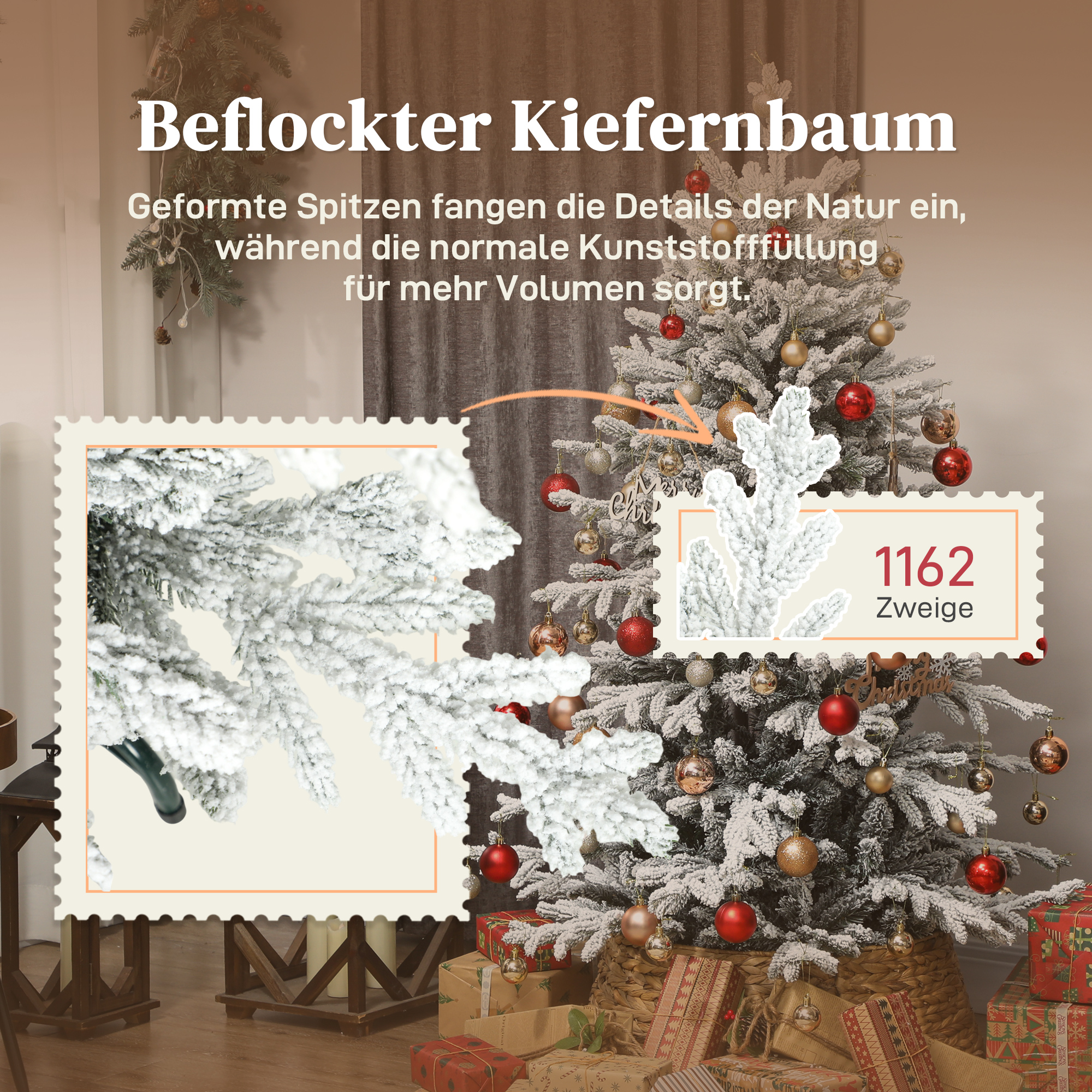 Künstlicher Weihnachtsbaum, 150cm Christbaum mit Schnee, 1162 Zweigen, klappbarem Metallständer