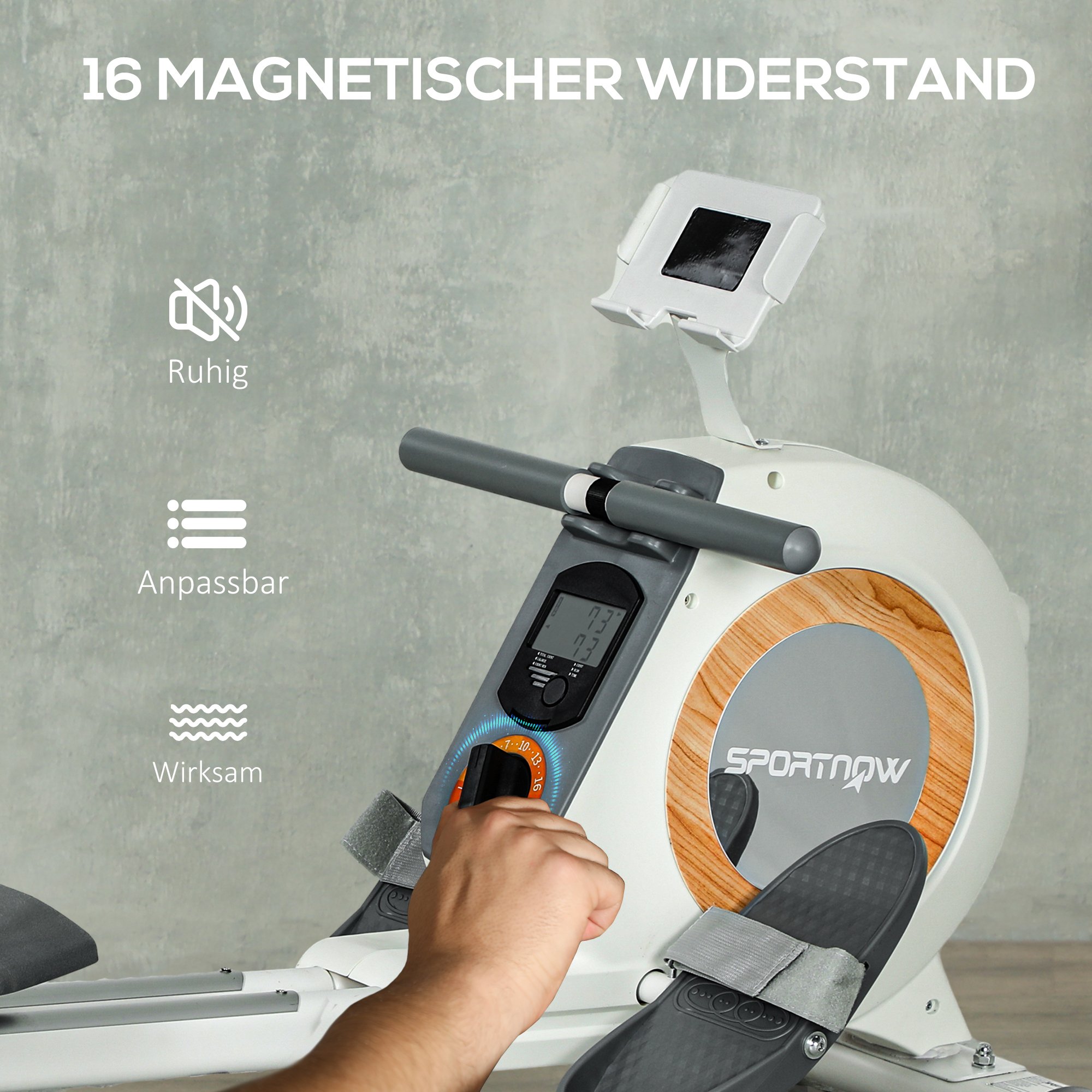 Rudergerät mit 16 einstellbaren Stufen, LCD-Monitor und Handyhalter, fürs Heimtraining, 150 kg Belastbarkeit