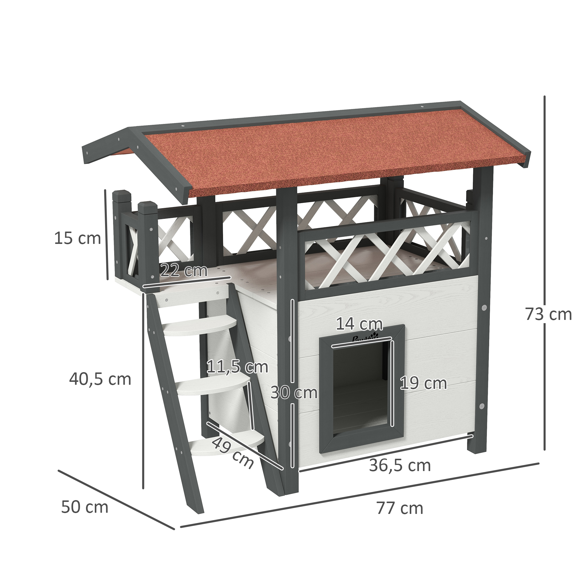 Katzenhaus Katzenhütte Haustierhütte, Asphaltdach, 2 Ebenen, 1 Leiter, Weiß+Rot