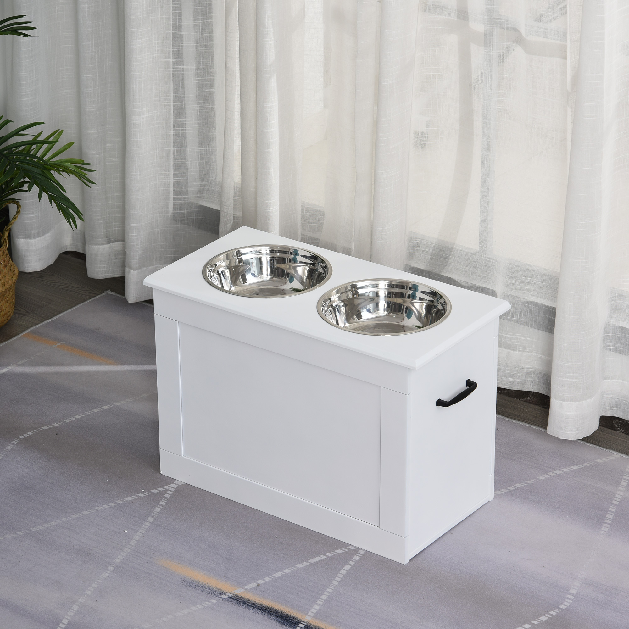 Erhöhter Hundenapf Futternapf mit Staumraum Wassernapf 2 x 2000ml Edelstahlnäpfen Hundenäpfe Fressnapf Futterstation für Hunde Katzen Weiß