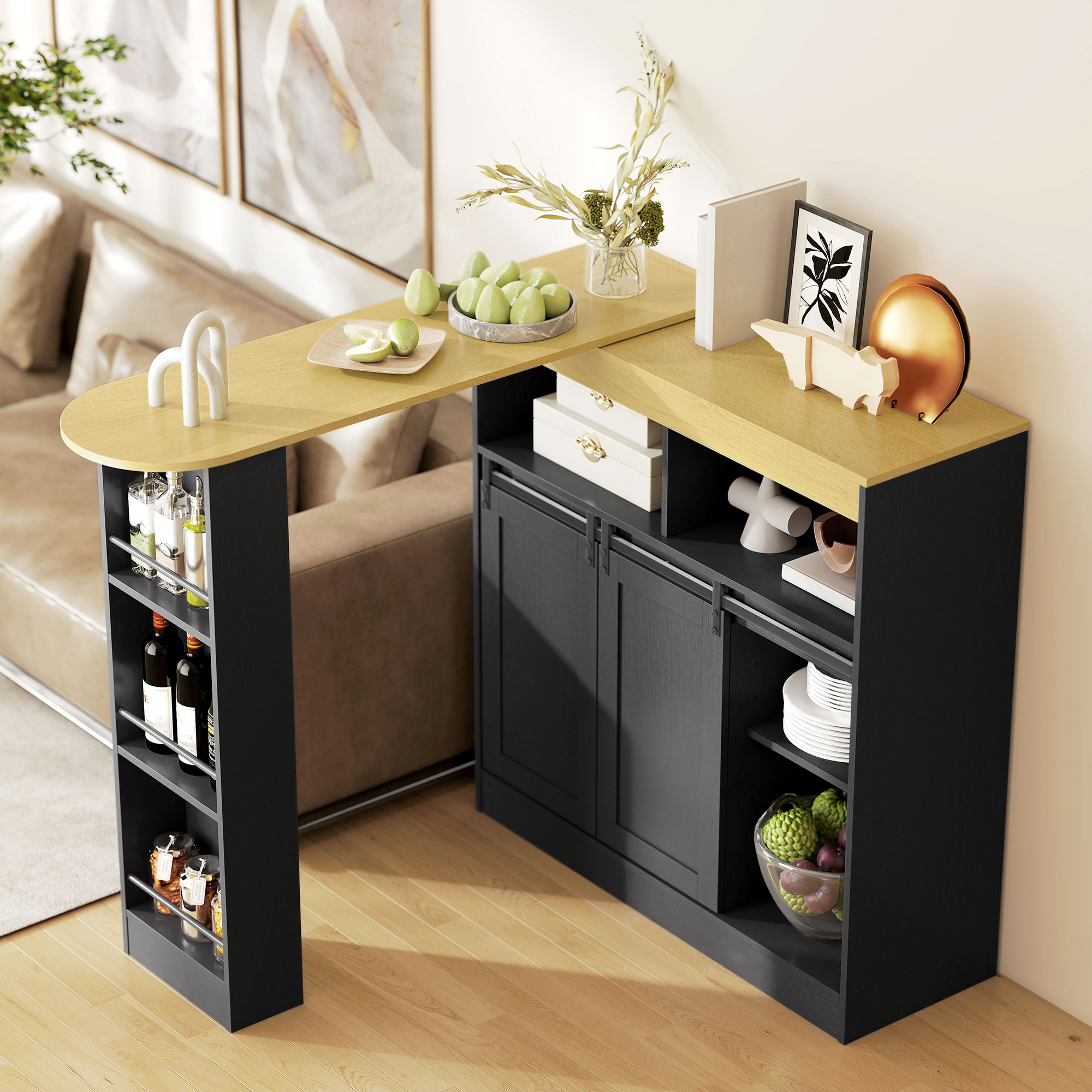 Ausziehbarer Bartisch, zu L-Form umwandelbar, viel Stauraum, 3 verstellbare Regale, Spanplatte, MDF, Schwarz