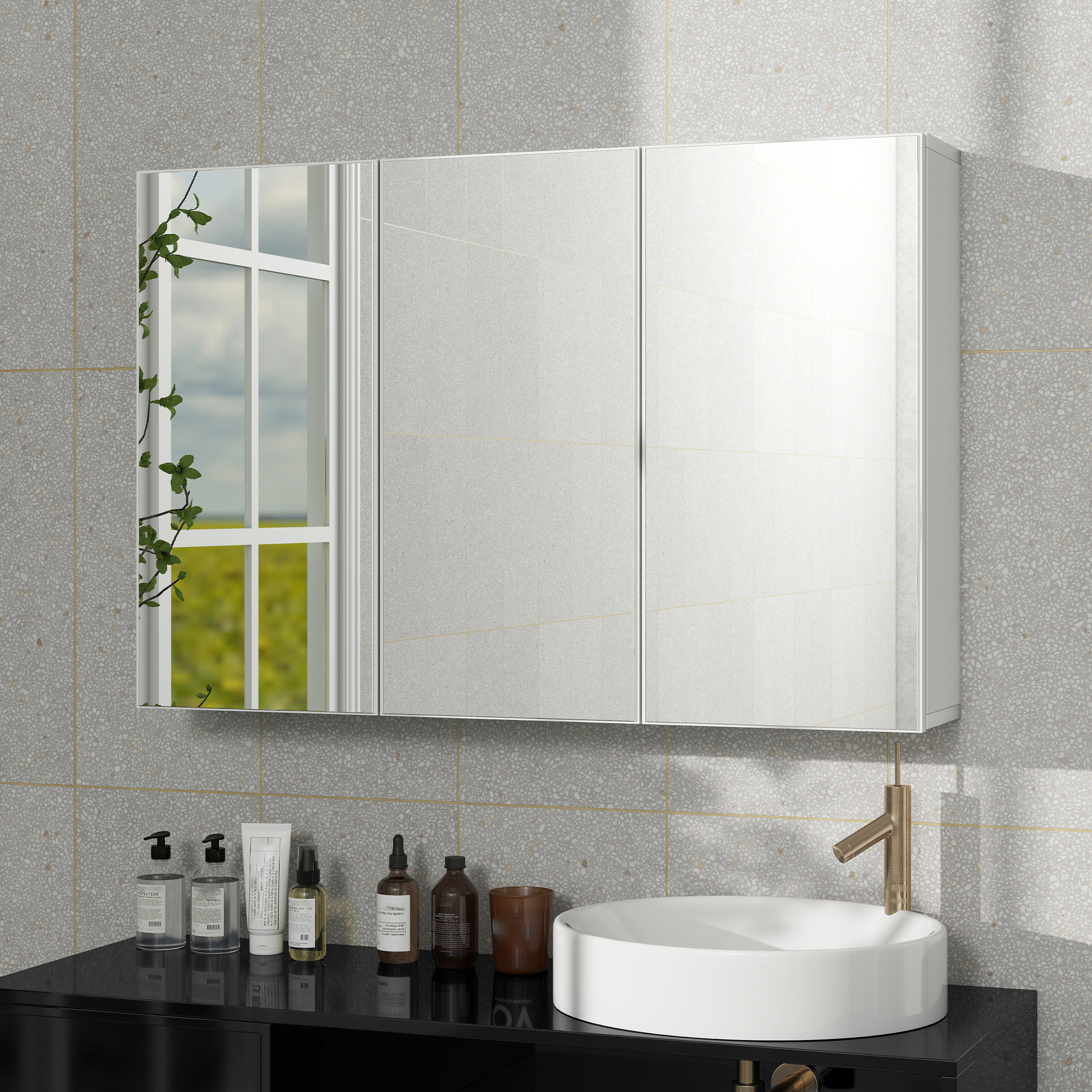 Badezimmerspiegelschrank, Badschrank mit 3 Spiegeltüren, Wandmontage, 90 x 15,5 x 60 cm, Spanplatte, Weiß