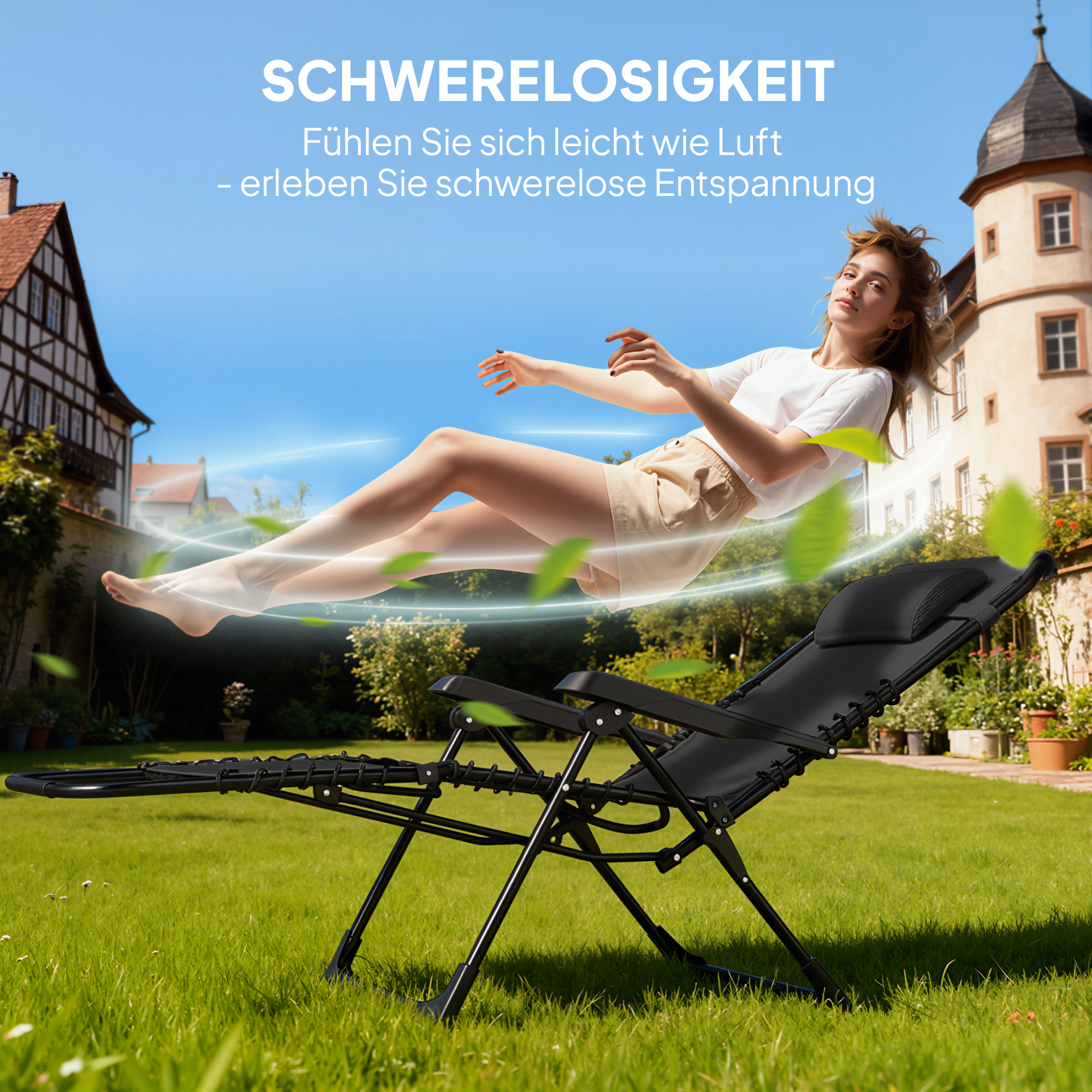 Gartenliege Set 3-TLG. Sonnenliege mit Teetisch 2 Liegestühle Kissen, Outdoor Liege 90x56x110 cm Schwarz