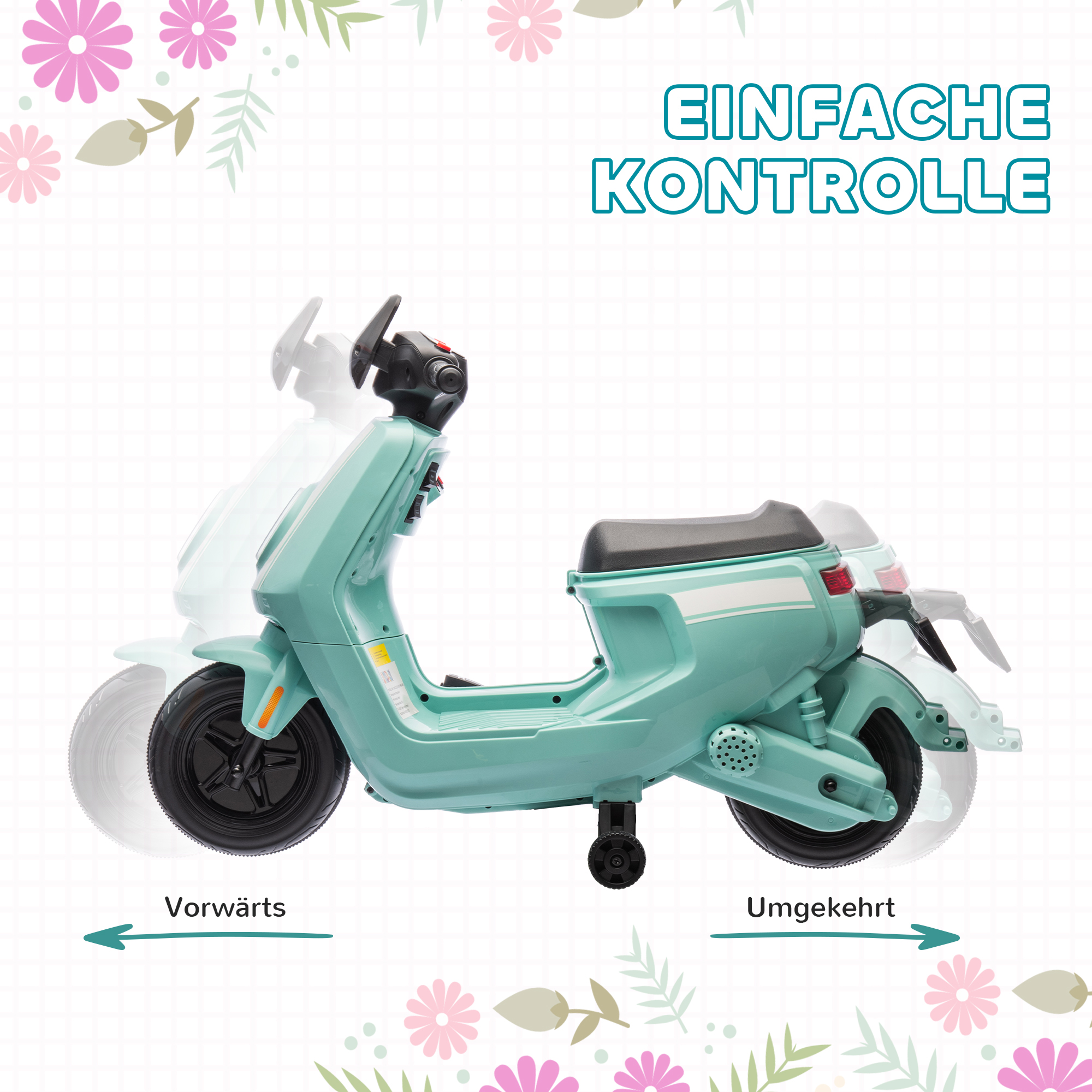 6V Elektro-Motorrad für Kinder, mit Scheinwerfer und Musik, Vor- und Rückwärtsgang, Trainingsräder, 18-36 Monate, Grün